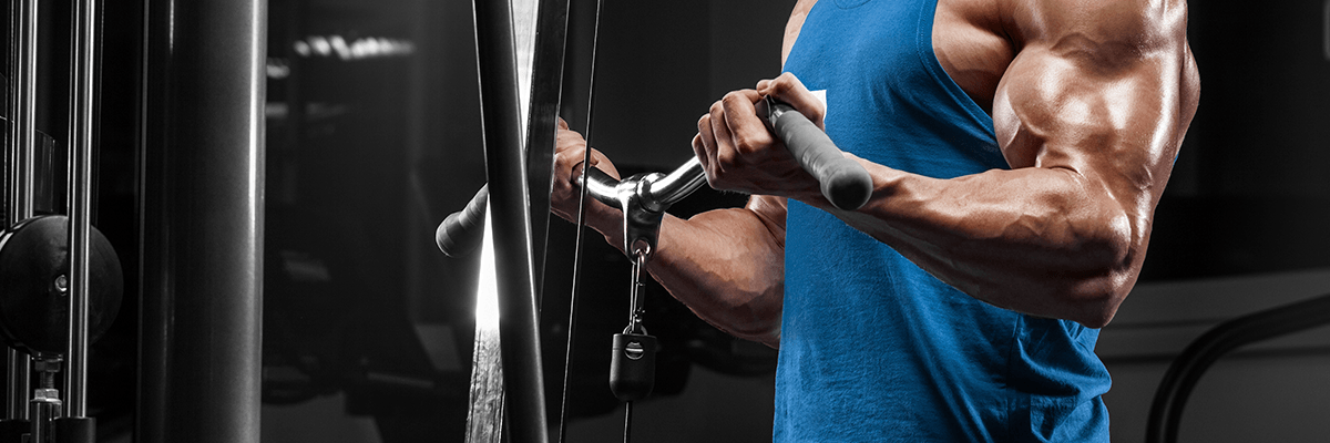 Muscular man performing cable biceps curls on a gym machine, wearing a blue tank top