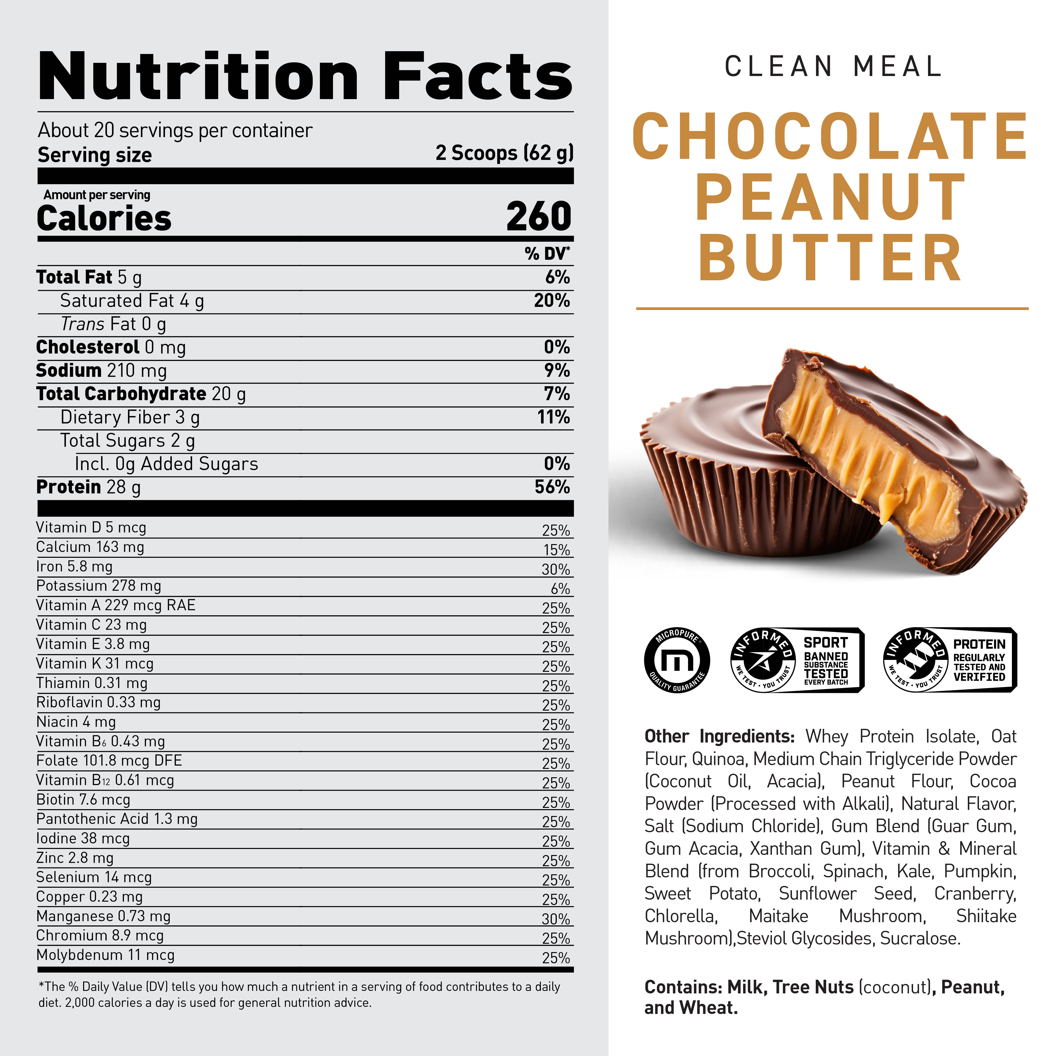 Close-up of Clean Meal Chocolate Peanut Butter label showing Nutrition Facts panel and peanut butter cup image #flavor_chocolate peanut butter