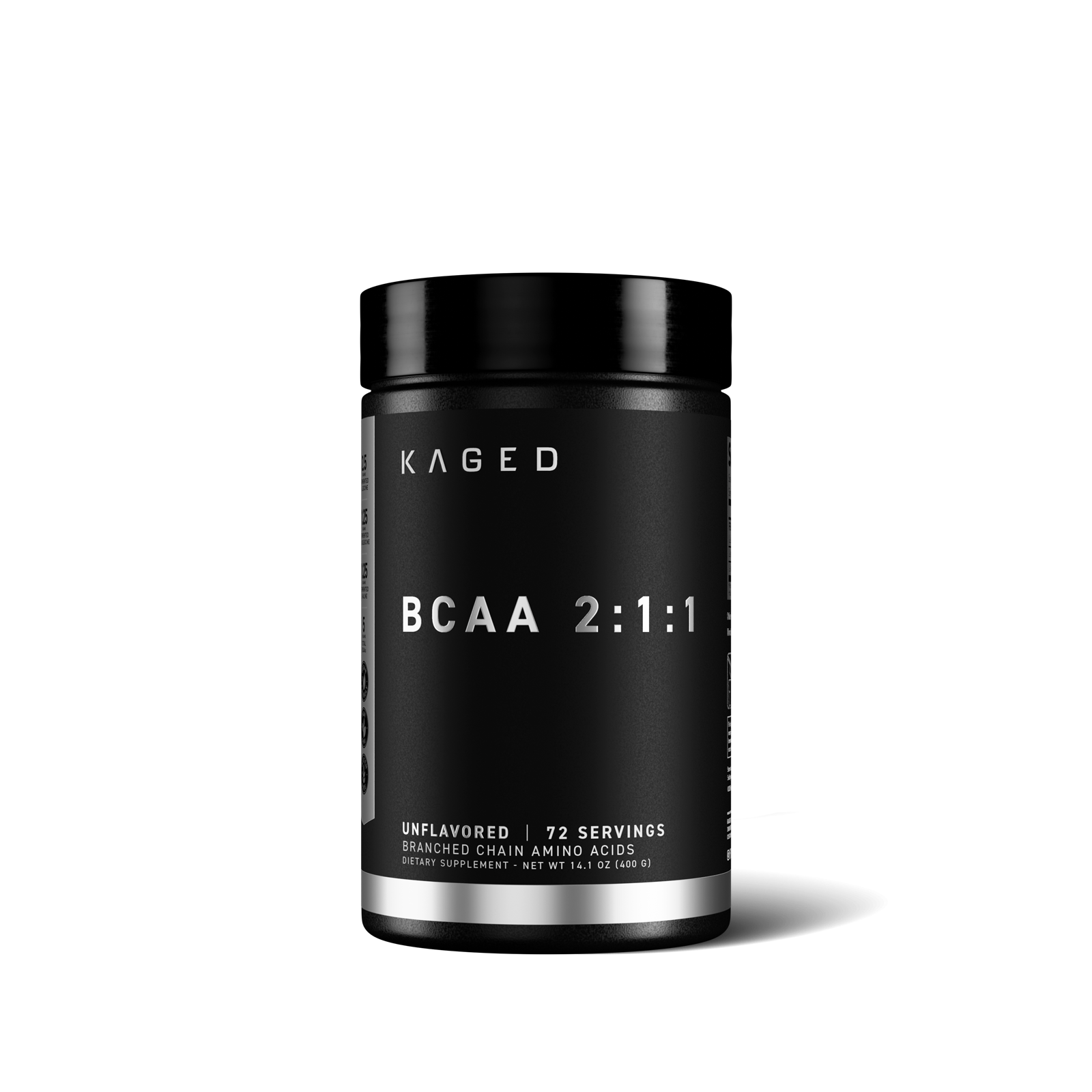 Front view of Kaged BCAA 2:1:1 supplement jar showcasing unflavored 72 servings label on black background