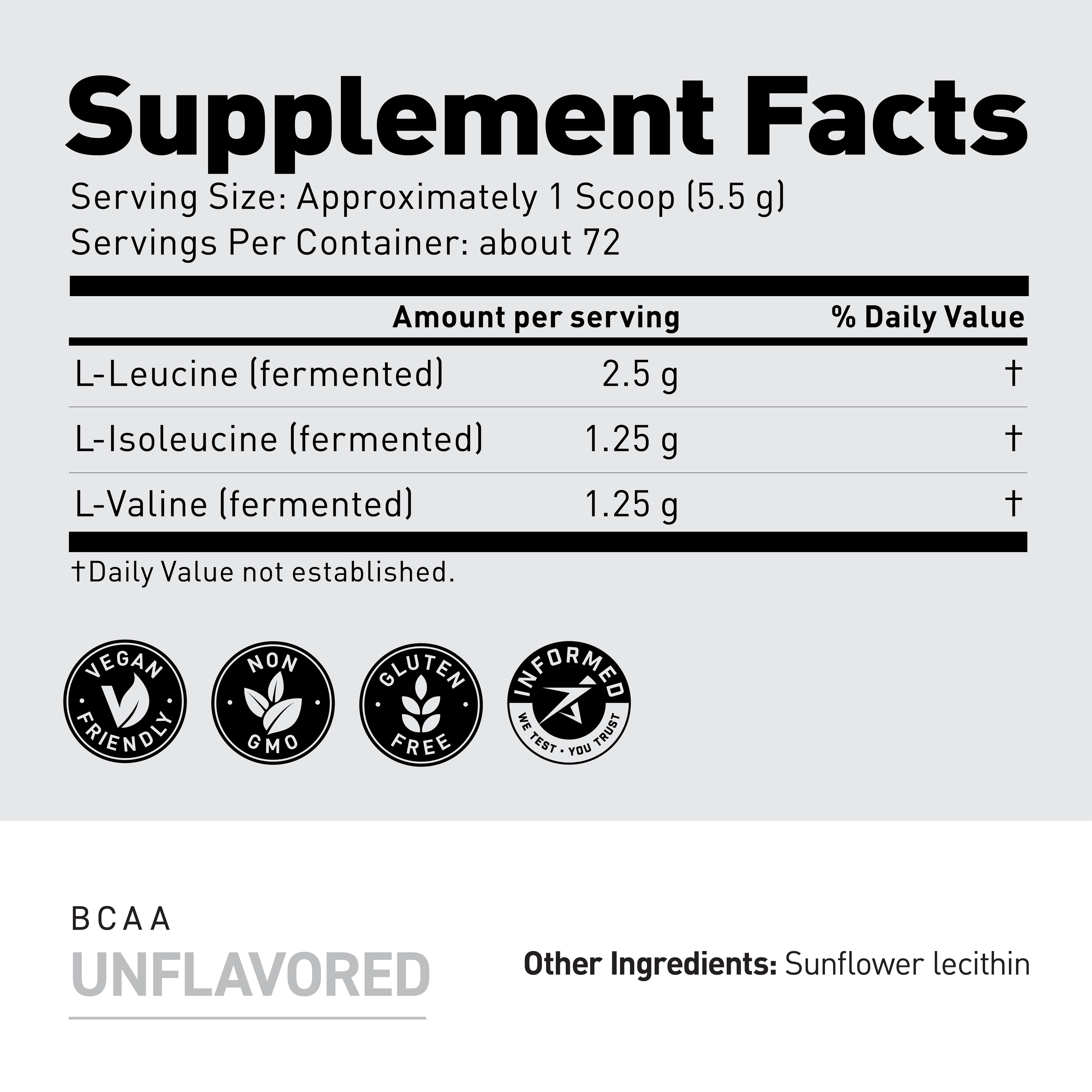 Supplement Facts label: serving size 1 scoop (5.5 g); per serving L‑Leucine 2.5 g, L‑Isoleucine 1.25 g, L‑Valine 1.25 g