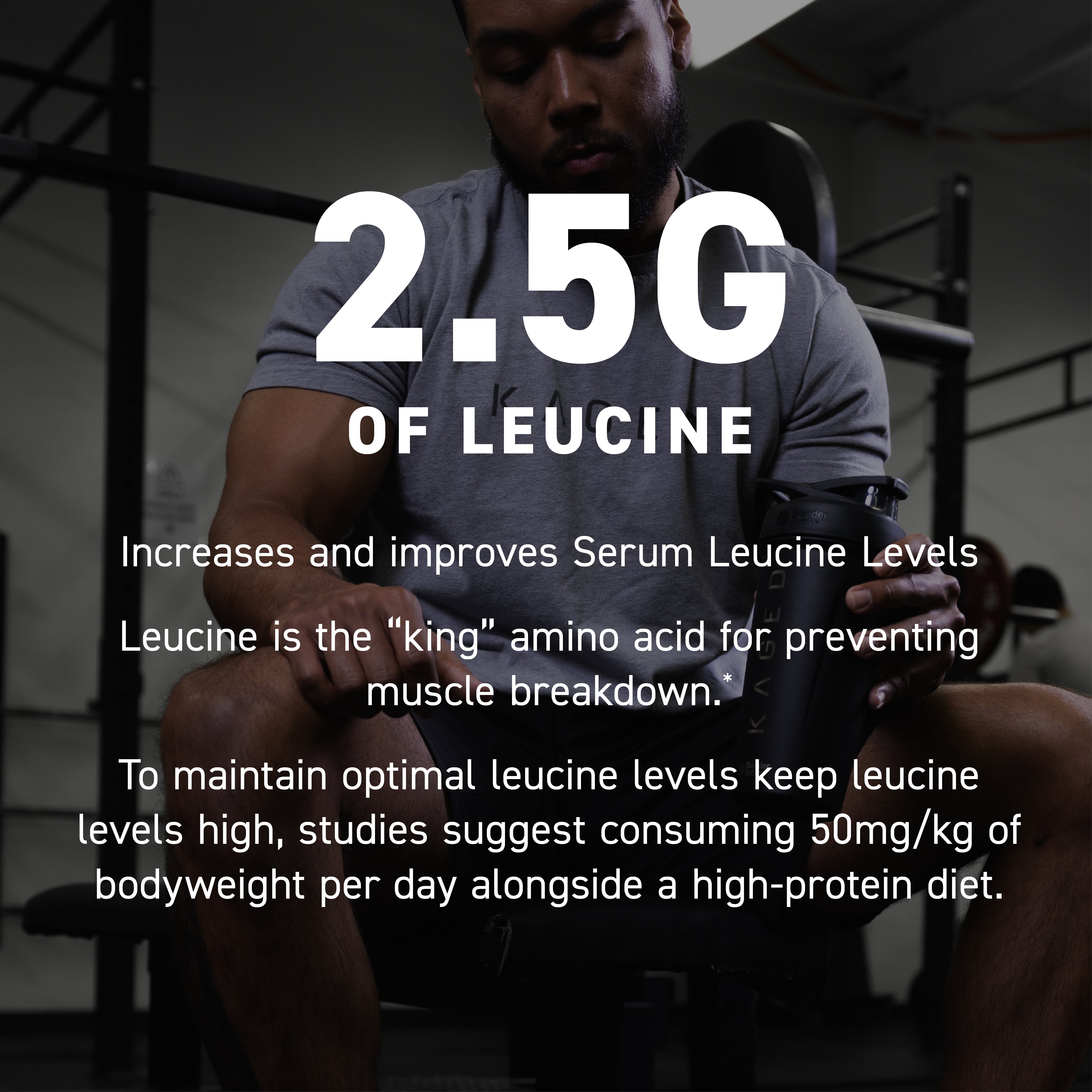 Promotional banner showing 2.5G of leucine headline over photo of athlete preparing a supplement in a gym