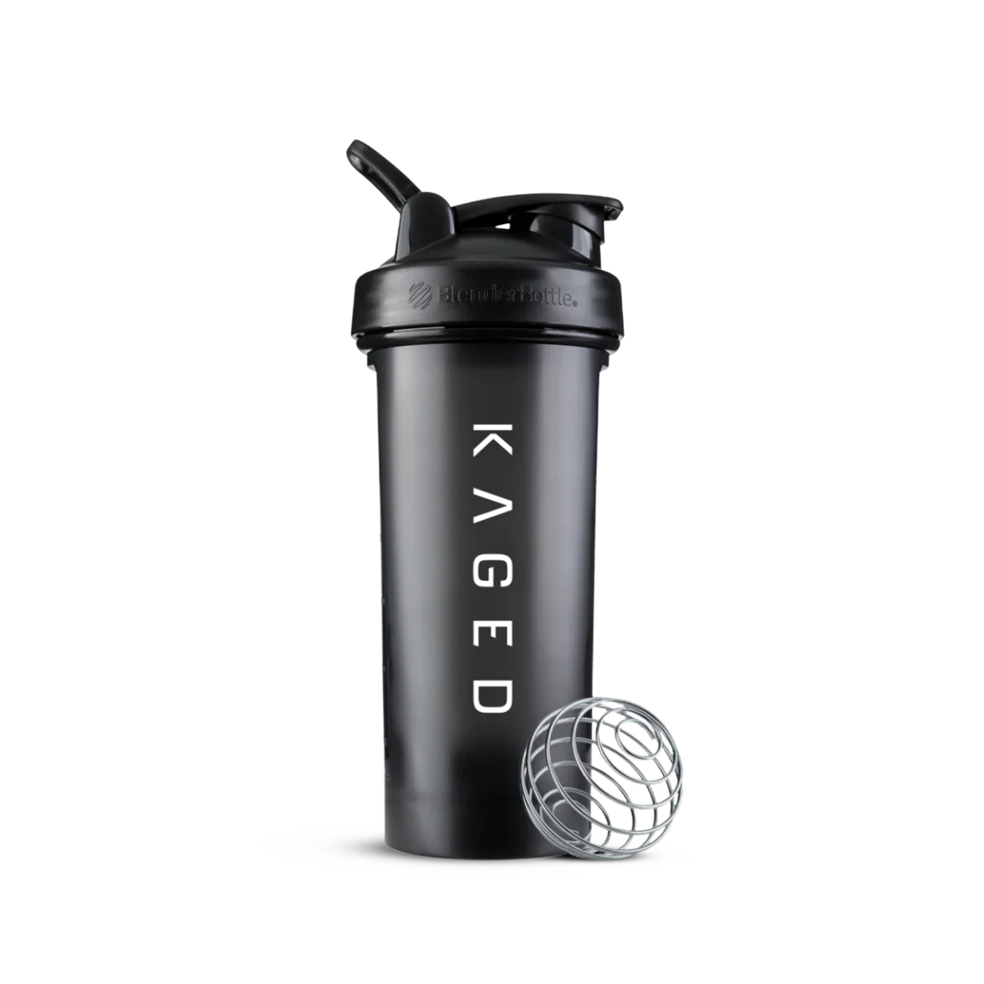 Front view of Blender Bottle Classic 28 oz showing SpoutGuard lid, KAGED logo, carry loop, and BlenderBall whisk on white