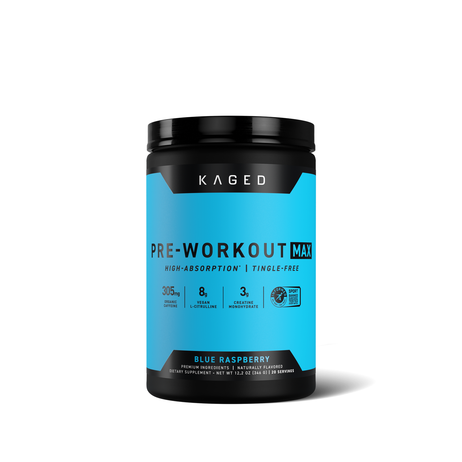 Front view of Pre-Workout Max tub, blue raspberry flavor label with branding and High-Absorption, Tingle-Free callout #flavor_blue raspberry