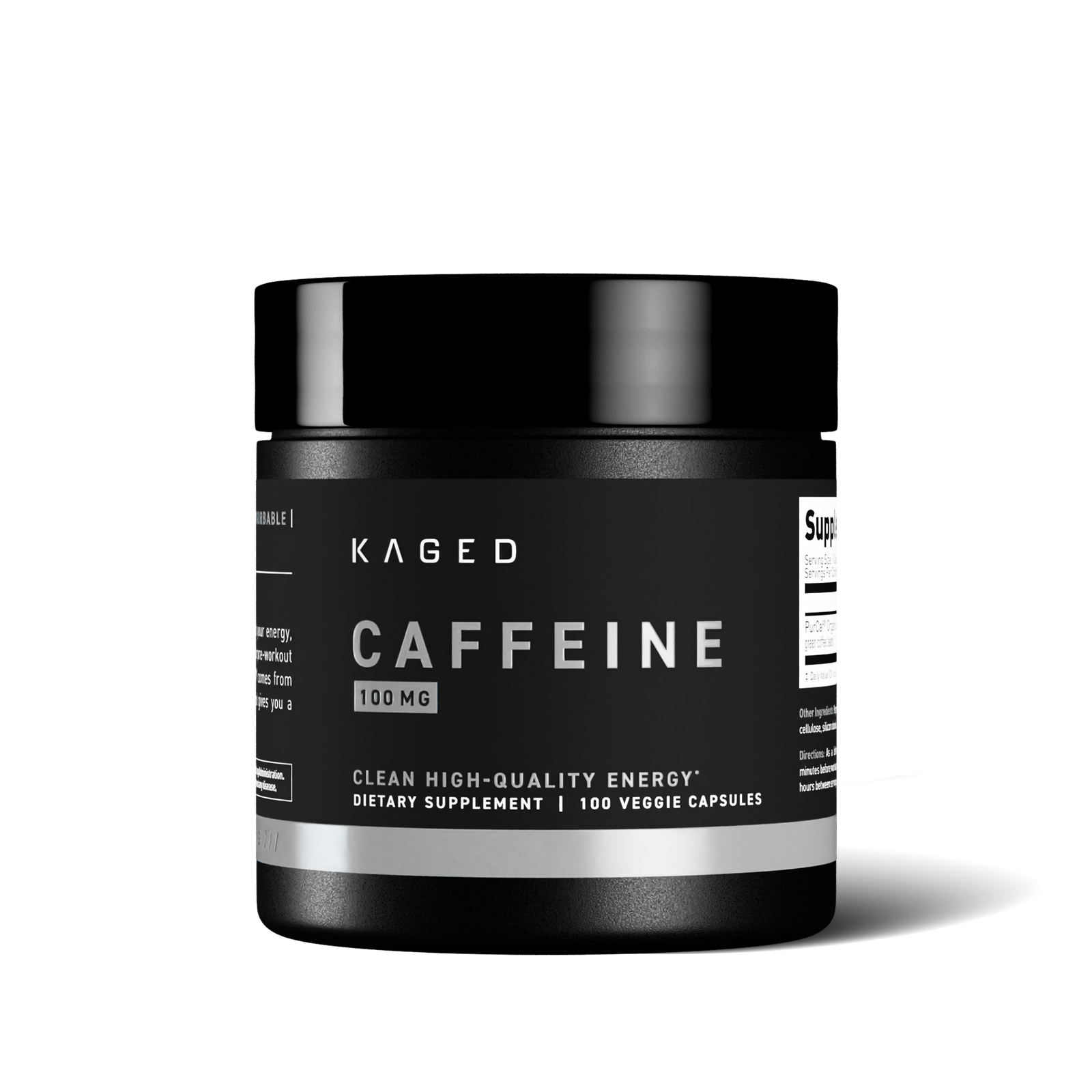 Front view of Kaged PurCaf Caffeine 100 mg supplement bottle showing CAFFEINE and 100 MG on the label with black background