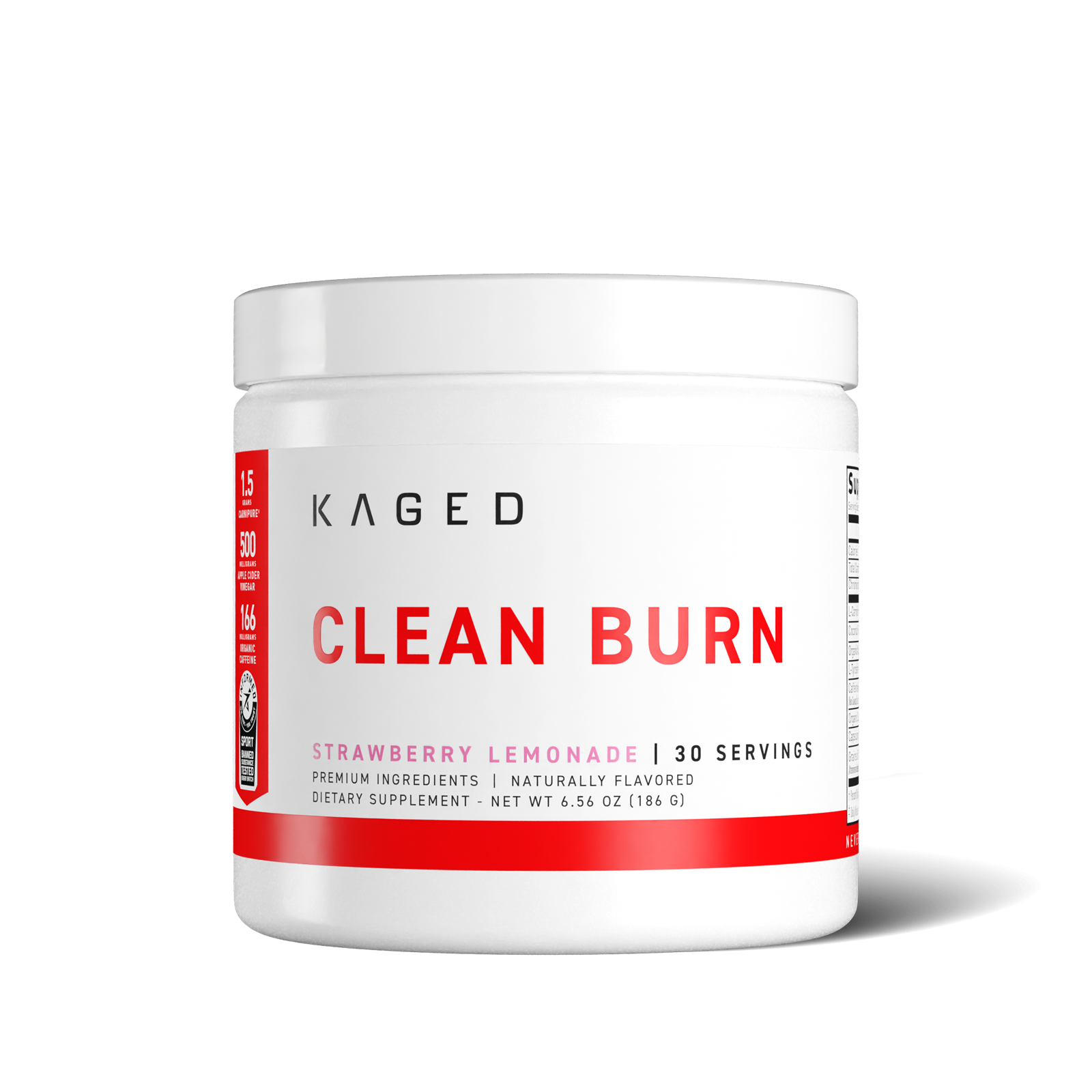 Close front view of Clean Burn Powder tub showing large CLEAN BURN label and Strawberry Lemonade flavor on white background #flavor_strawberry lemonade
