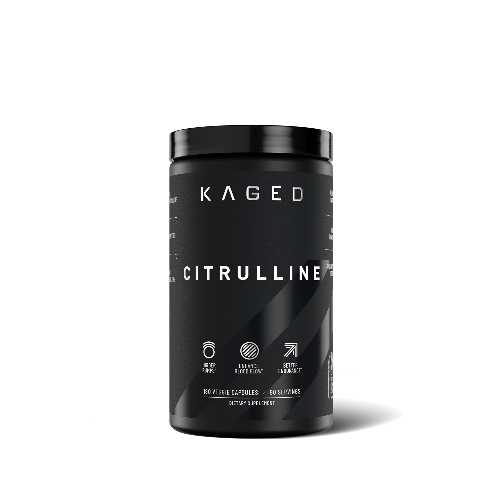 A black plastic tub of Kaged Citrulline dietary supplement capsules, featuring a matte black label with white text and icons, set against a clean white background with a soft shadow.
