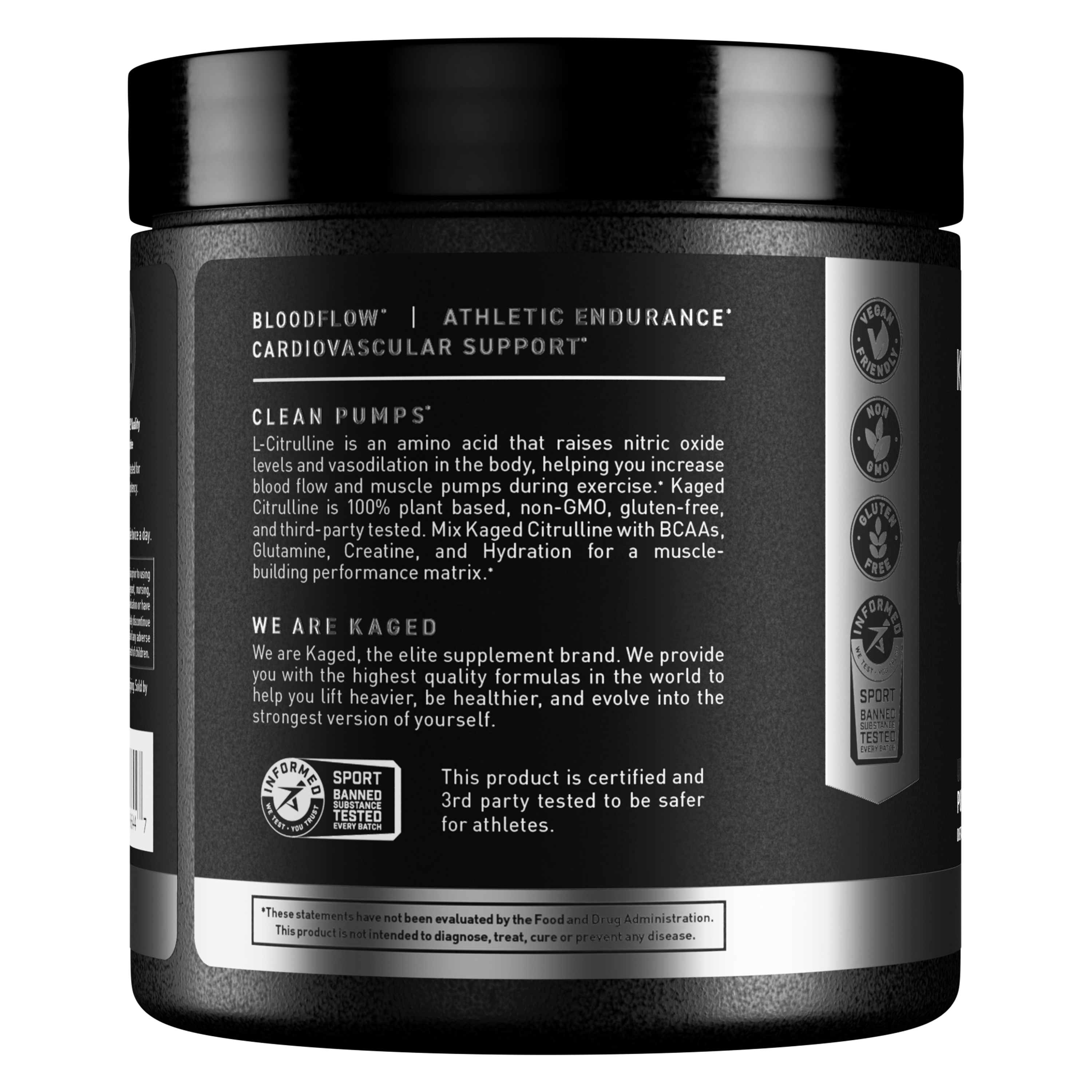 Close-up front of Kaged L-Citrulline tub showcasing label headline 'Bloodflow | Athletic Endurance | Cardiovascular Support' on dark background