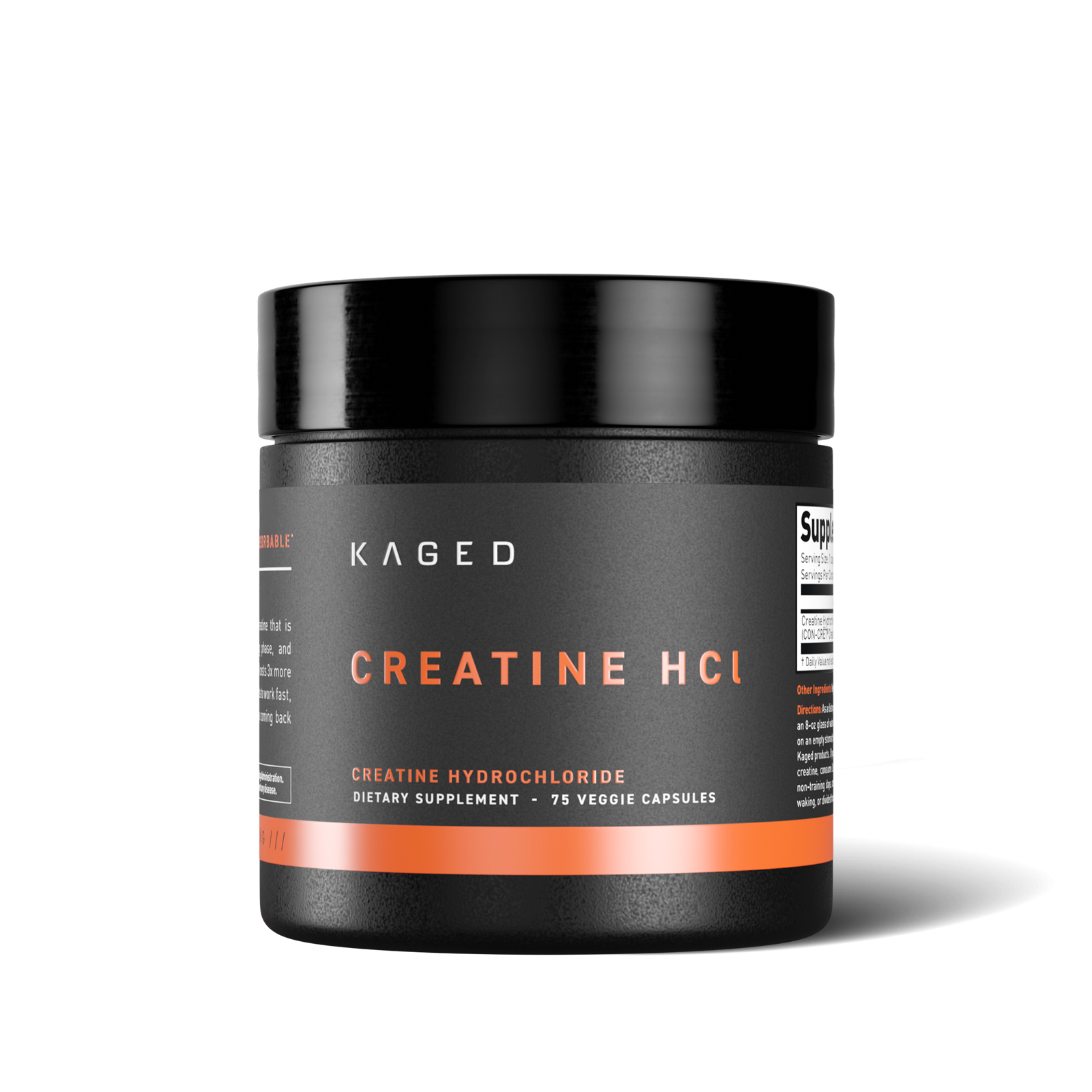 Front view of Creatine HCl supplement jar showing KAGED label, 'Creatine HCl' and '75 veggie capsules' on white background #flavor_75 vegetable caps