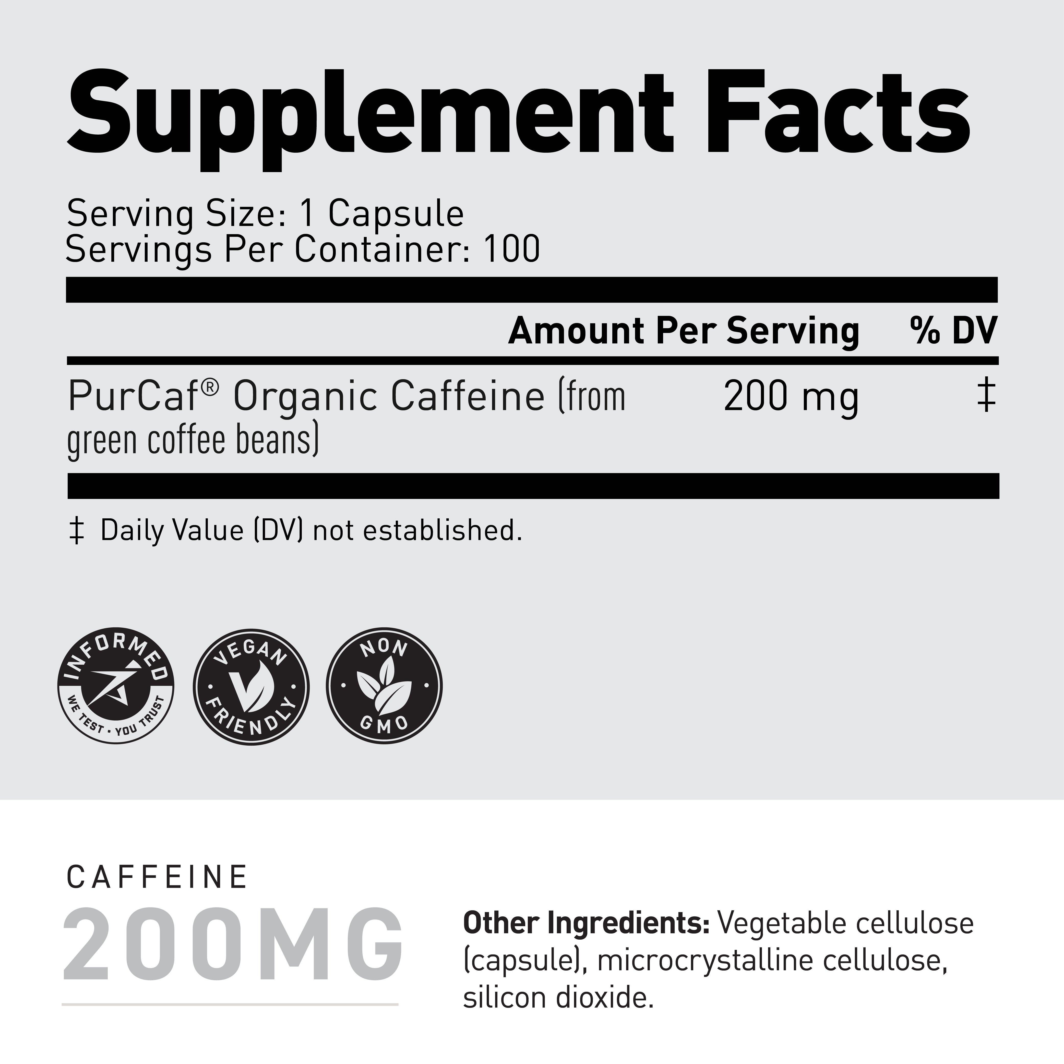 Close-up of PurCaf Caffeine supplement facts label showing 'Supplement Facts', Serving Size 1 Capsule, Servings Per Container 100, and 200 mg caffeine per serving