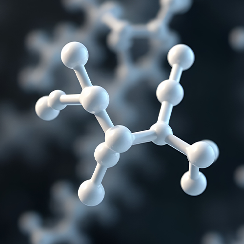 3D rendering of Carnosyn beta-alanine molecule showcasing ball-and-stick structure on blurred dark background