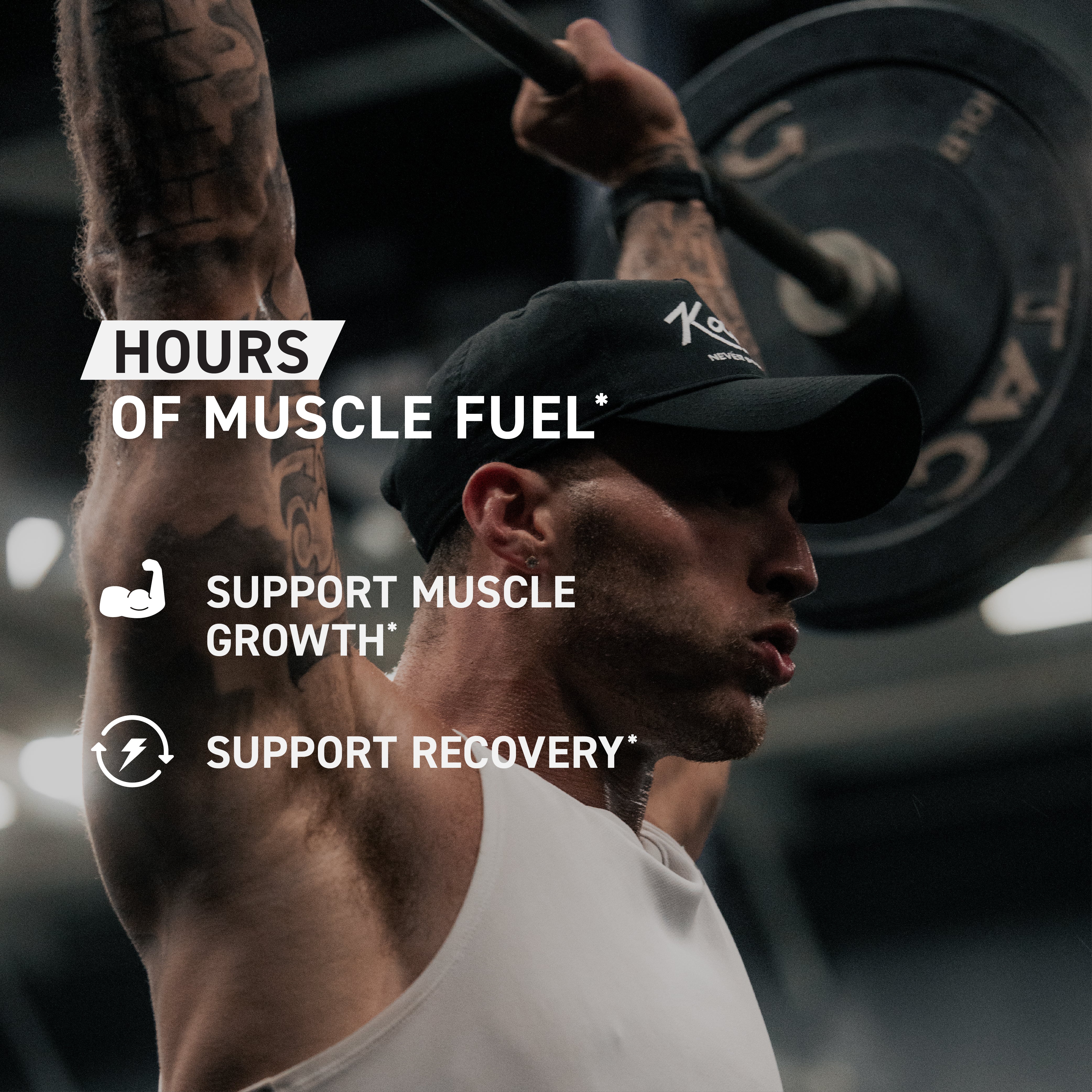 Male lifter pressing barbell overhead in gym with overlay text Hours of Muscle Fuel and support muscle growth and recovery