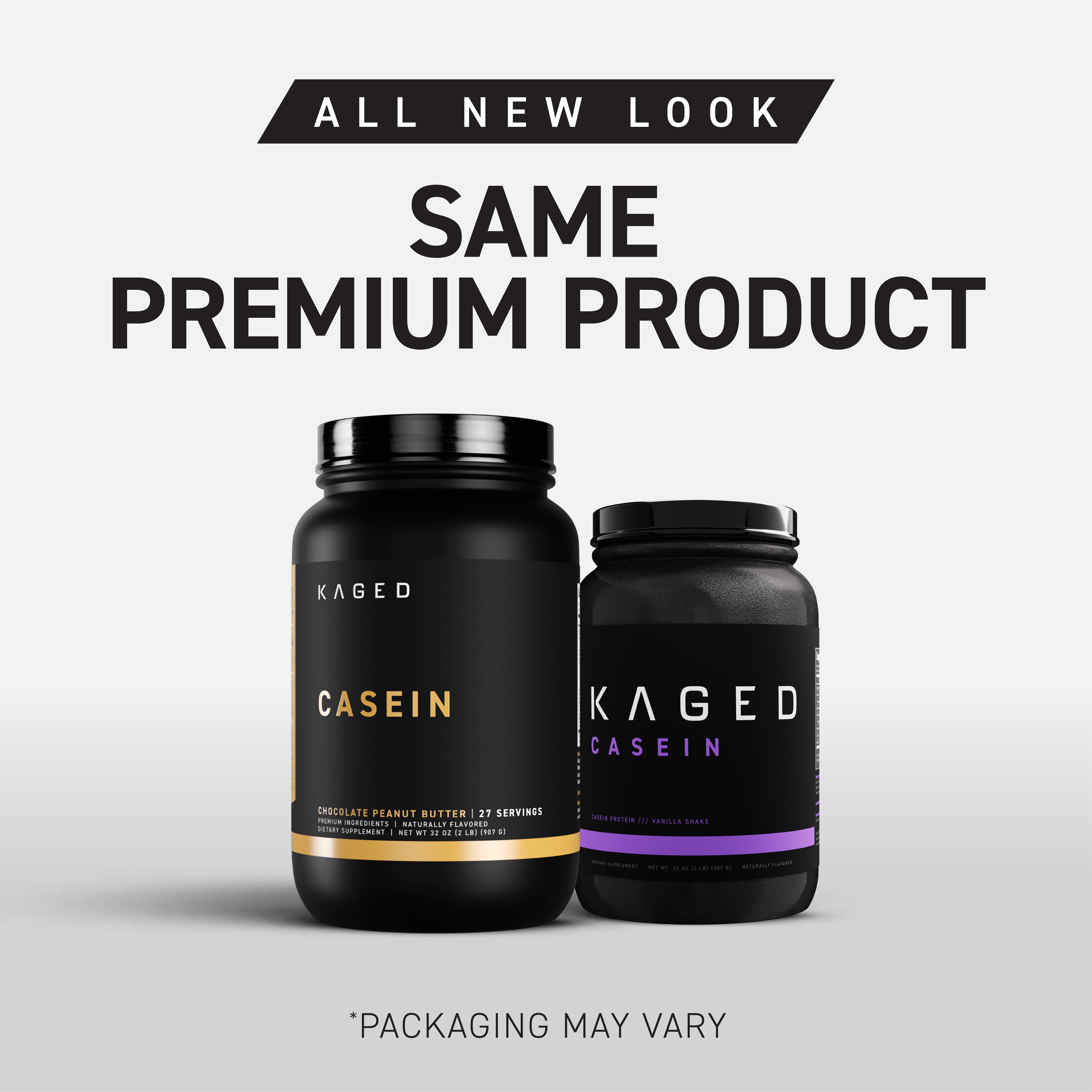 Front view of two Kaged Casein containers showing label accents and the large SAME PREMIUM PRODUCT headline on a light gray background