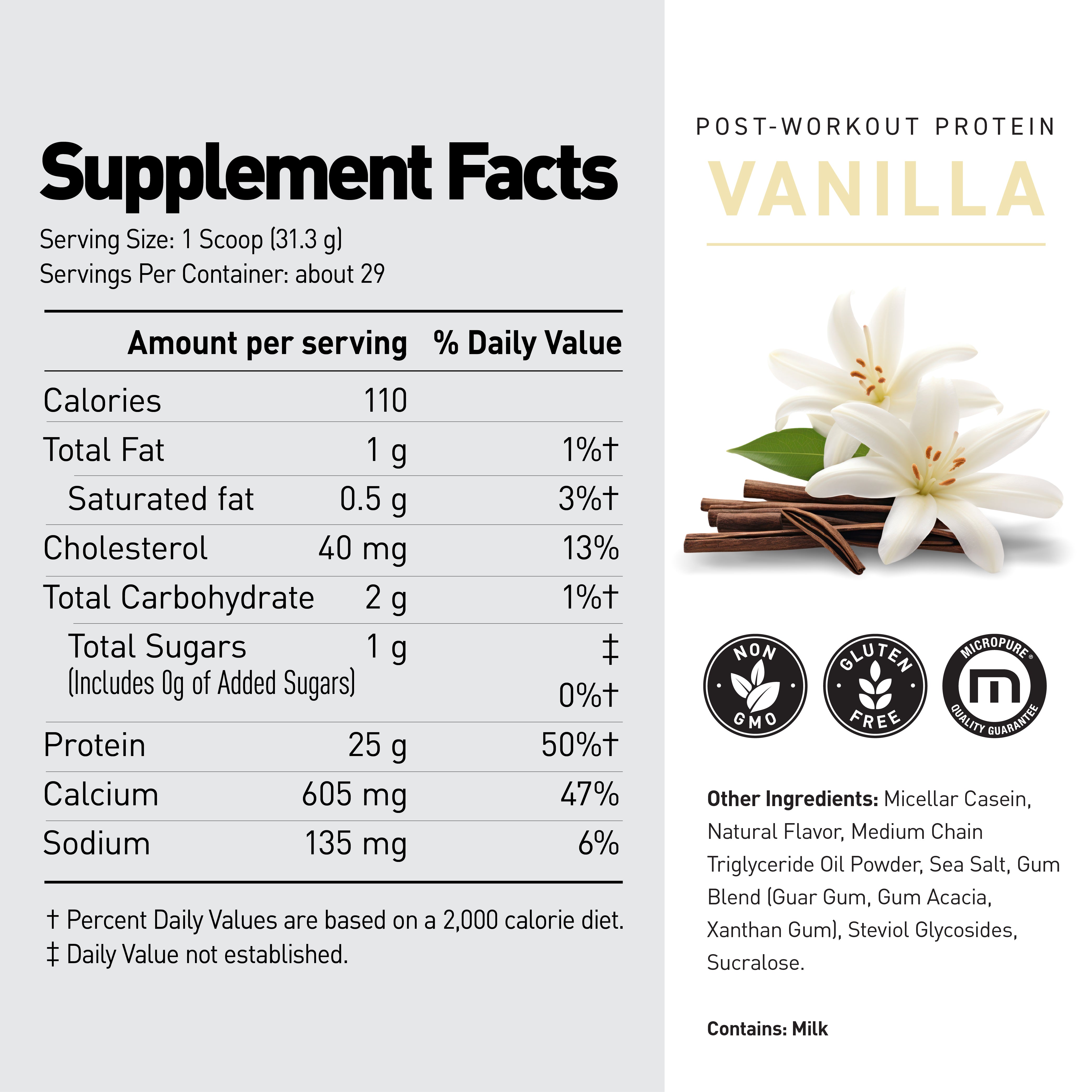 Close-up of Casein micellar protein label showing Supplement Facts panel and large "VANILLA" flavor text with vanilla flowers #flavor_vanilla