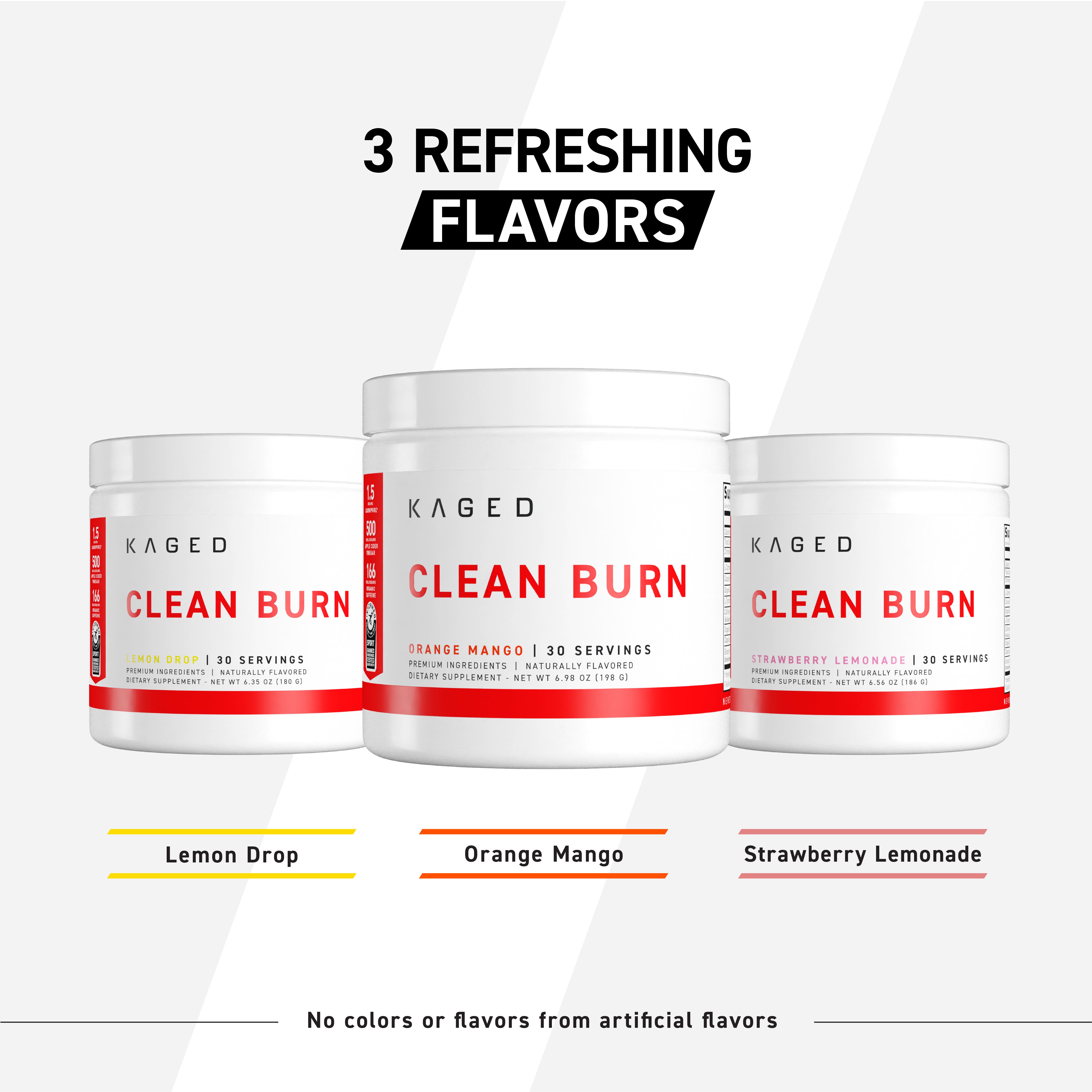 Front view of Clean Burn tubs showing Lemon Drop, Orange Mango, Strawberry Lemonade and headline 3 REFRESHING FLAVORS on a light gray background