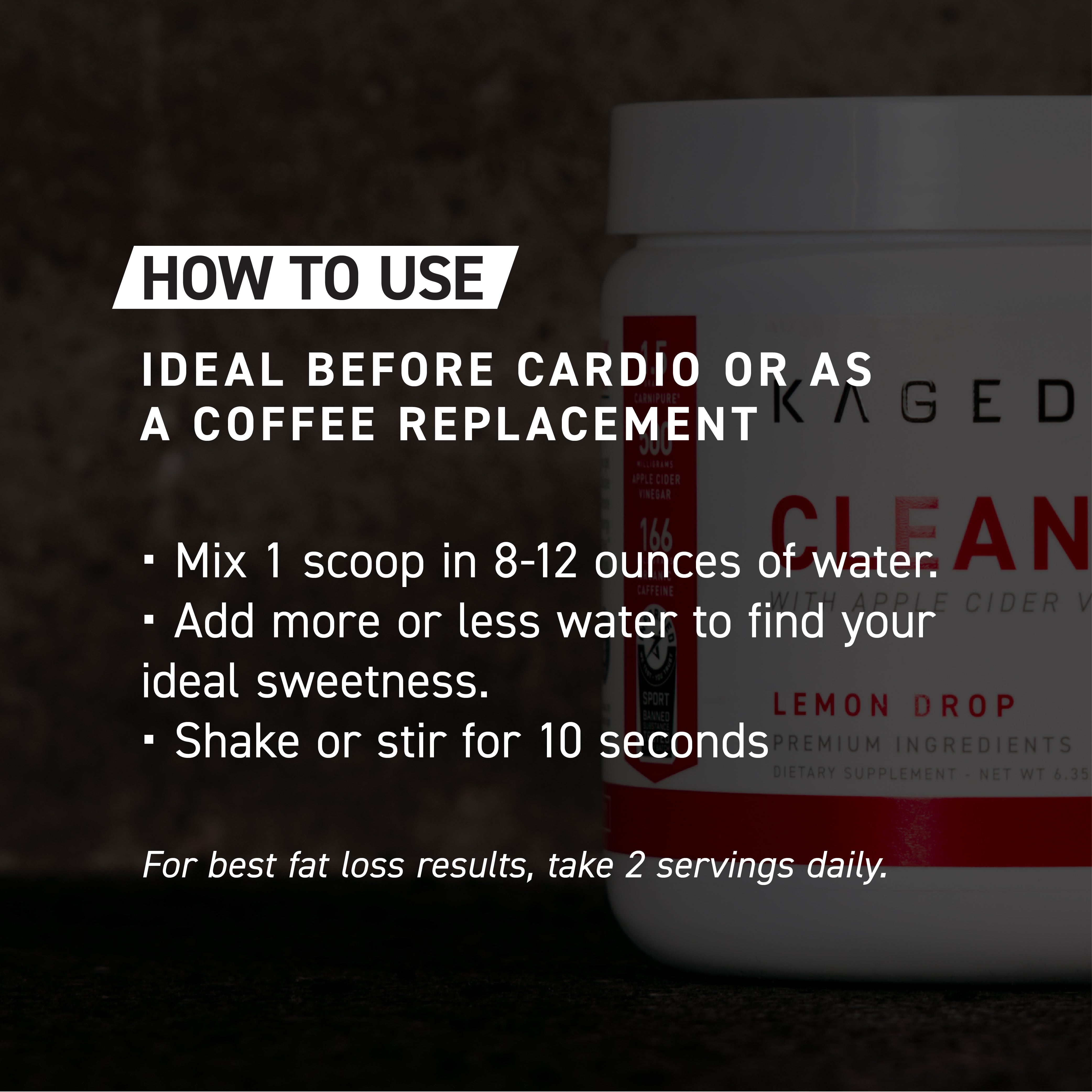 Instructional graphic showing How to Use: Mix 1 scoop in 8-12 oz water; adjust sweetness; shake 10s; take 2 servings daily