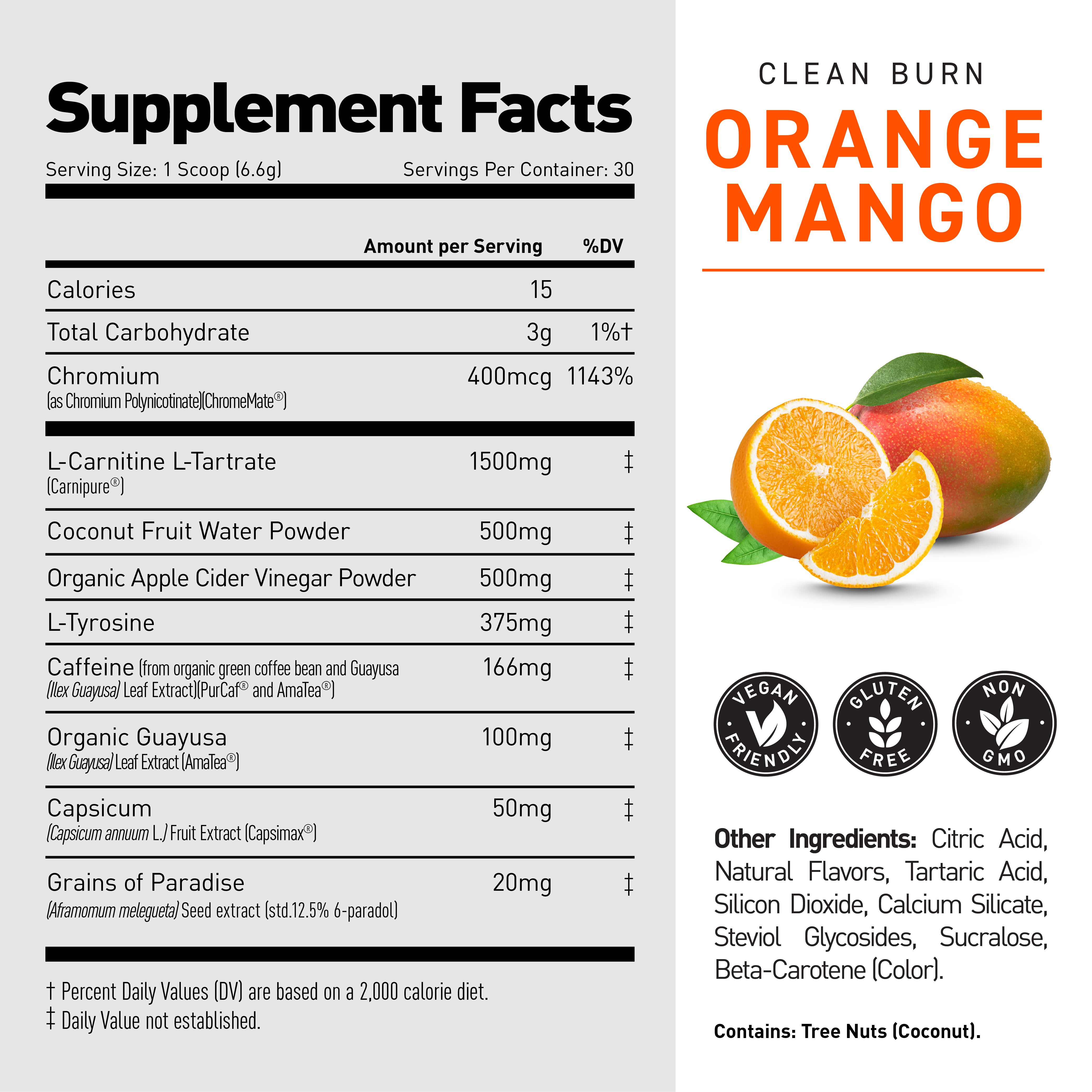 Supplement facts for Clean Burn Orange Mango listing 1 scoop serving, 15 calories, key ingredients and dietary icons #flavor_orange mango