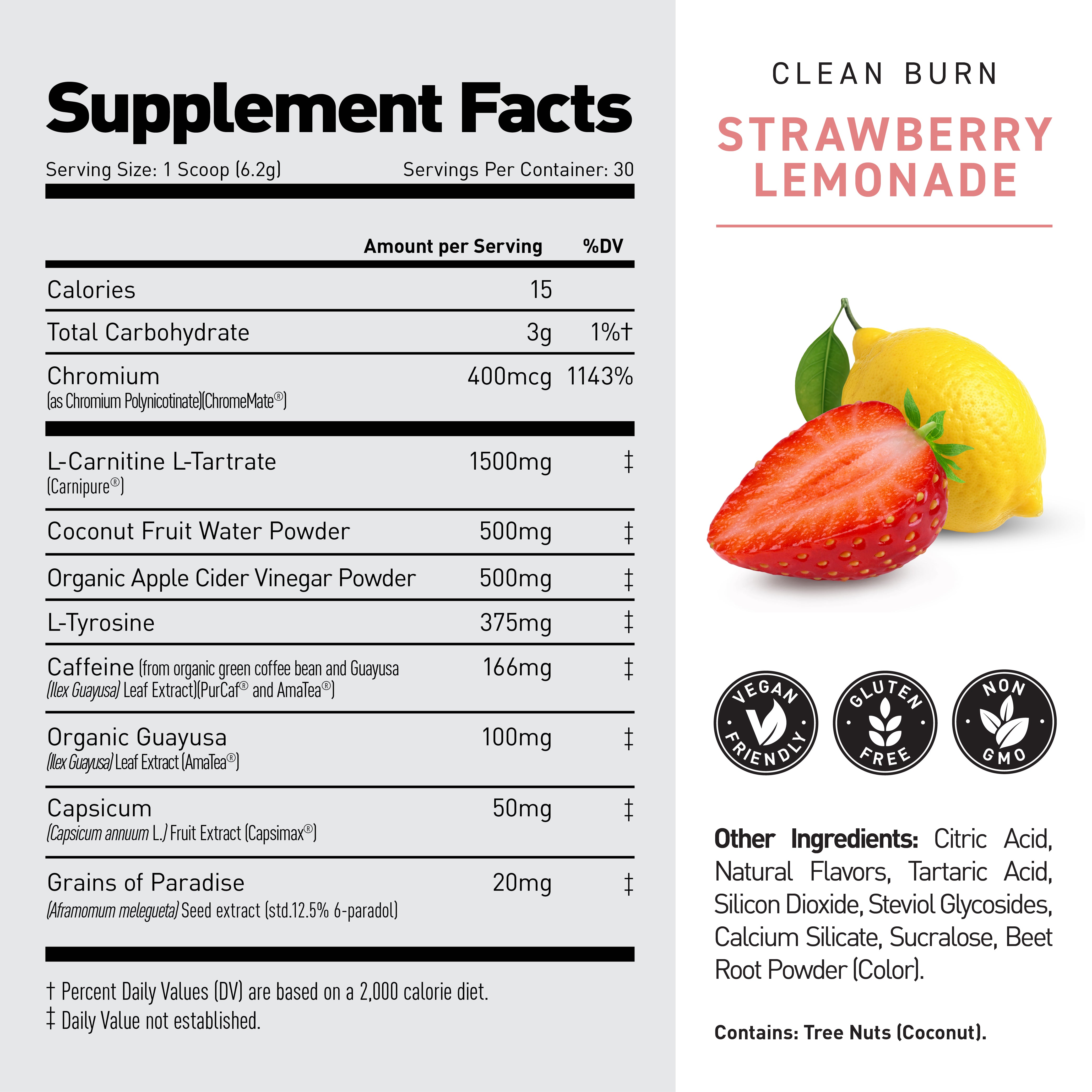 Clean Burn supplement facts panel with serving size 1 scoop and ingredient amounts; large 'STRAWBERRY LEMONADE' flavor label #flavor_strawberry lemonade