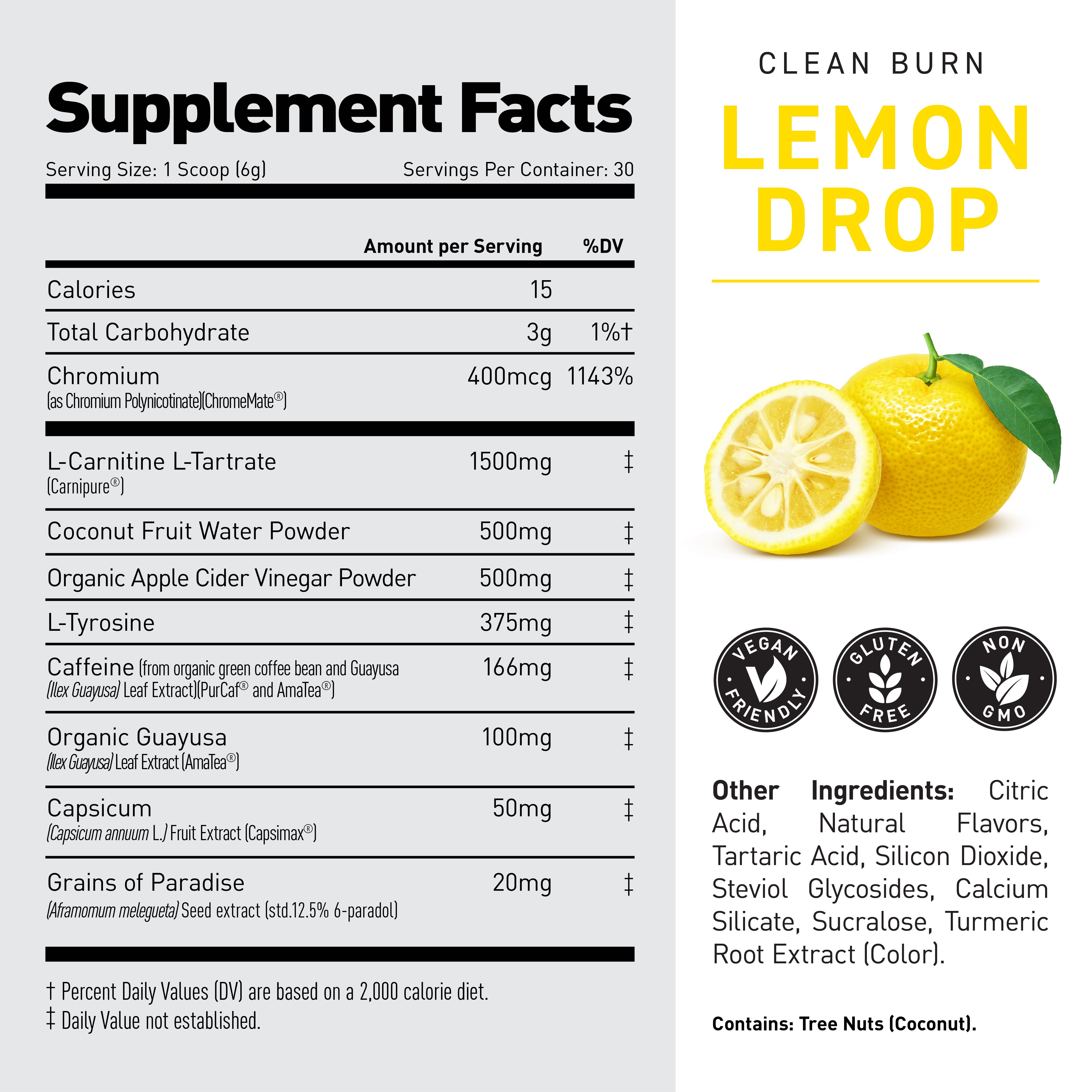Front label of Clean Burn powder showing large LEMON DROP flavor text, partial Supplement Facts and lemon image on white #flavor_lemon drop