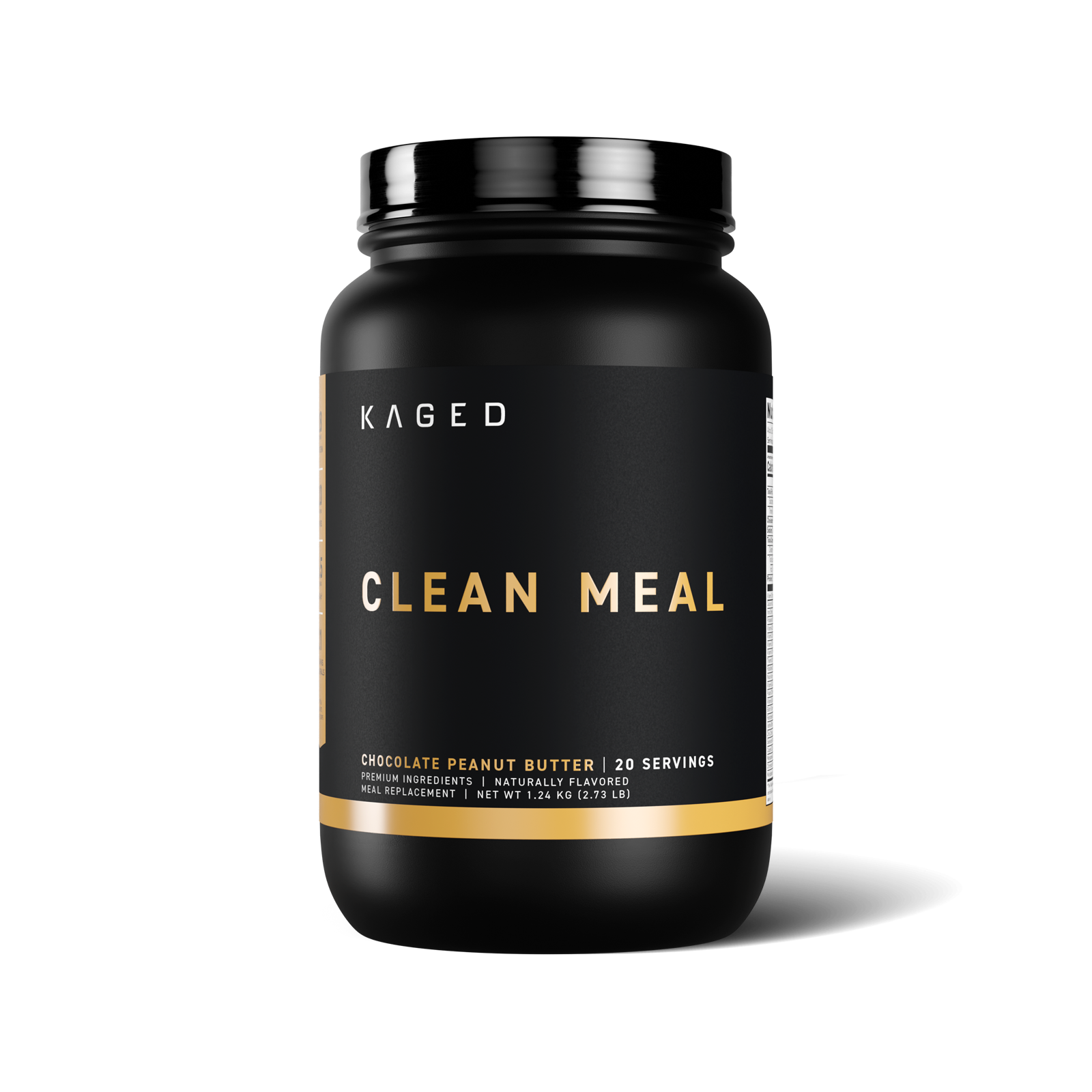 Cropped front view of Clean Meal chocolate peanut butter tub showing black label reading CLEAN MEAL on white background #flavor_chocolate peanut butter