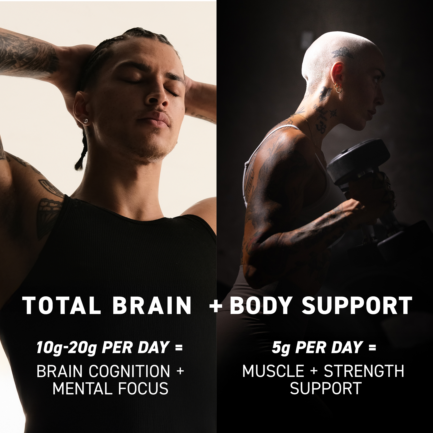 Split promotional graphic TOTAL BRAIN + BODY SUPPORT stating 10–20g per day for brain cognition and mental focus and 5g per day for muscle and strength, with two athletes