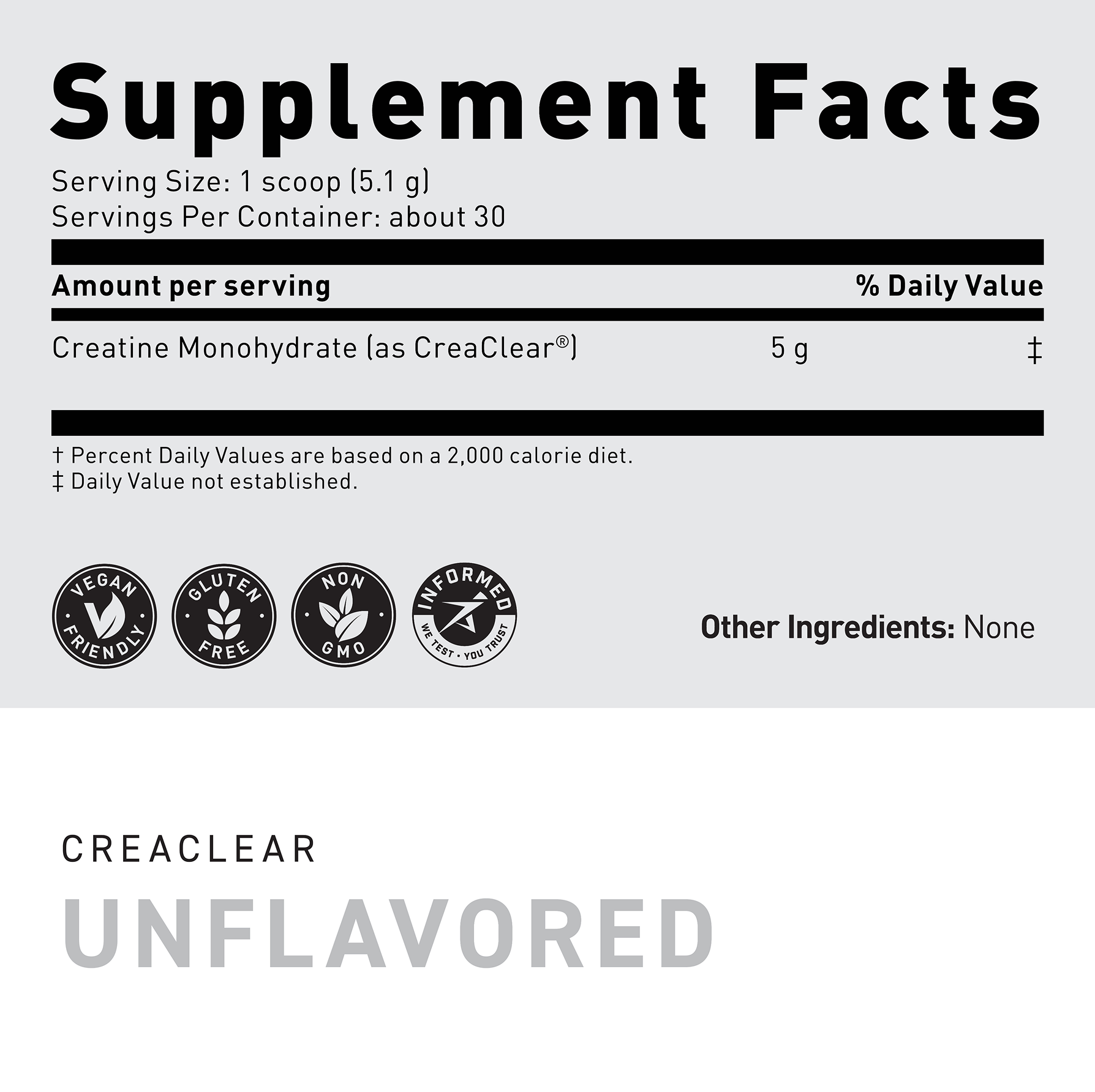 Close-up of CreaClear creatine monohydrate supplement facts panel showing 5 g creatine per serving and Unflavored label