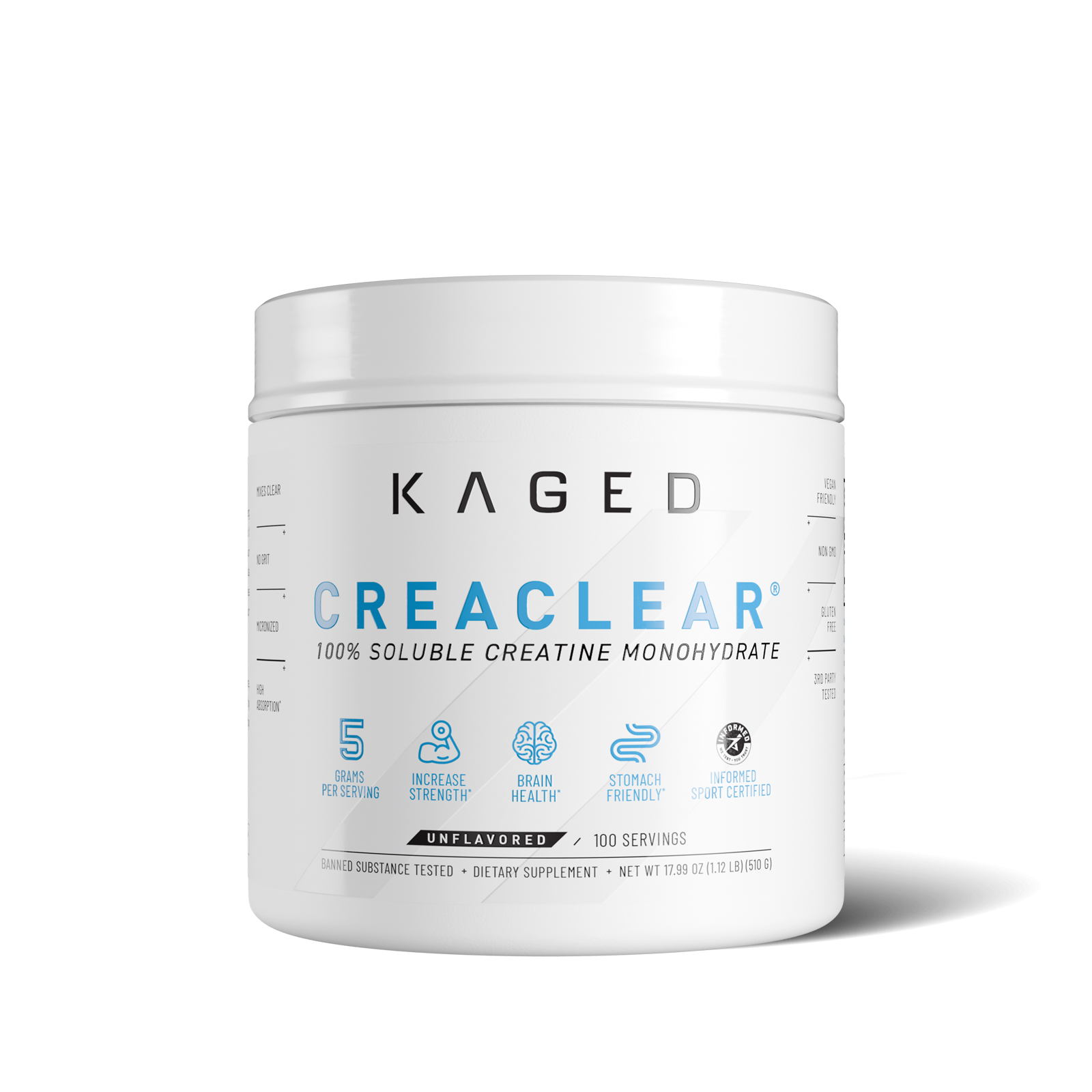 Front view of CreaClear creatine monohydrate 100-serving tub showing KAGED logo and 100 percent soluble Unflavored label