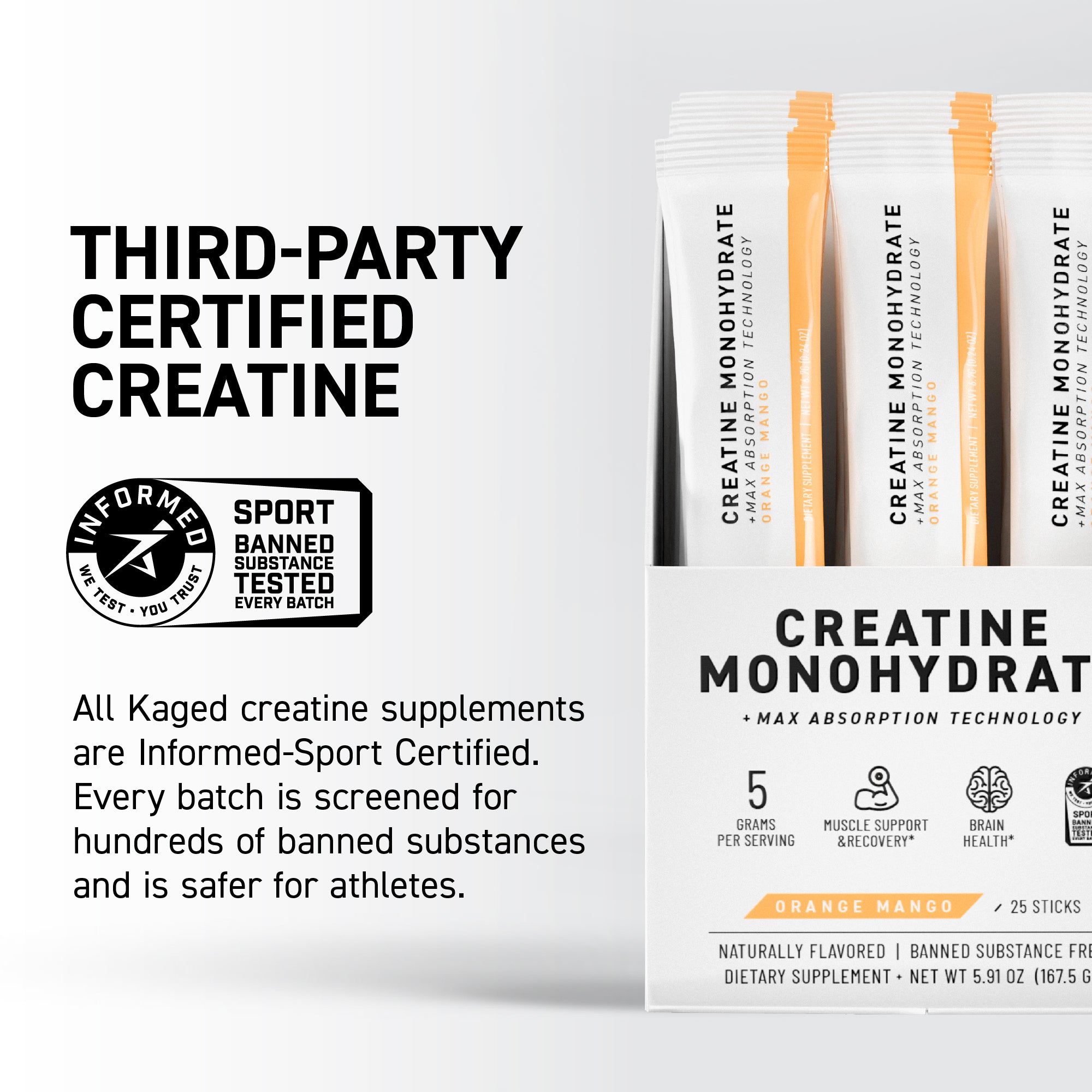 Close-up of Creatine Monohydrate stick pack box, Orange Mango flavor, showing single-serve sticks and 'Third-party certified' text on pale gray background #flavor_orange mango