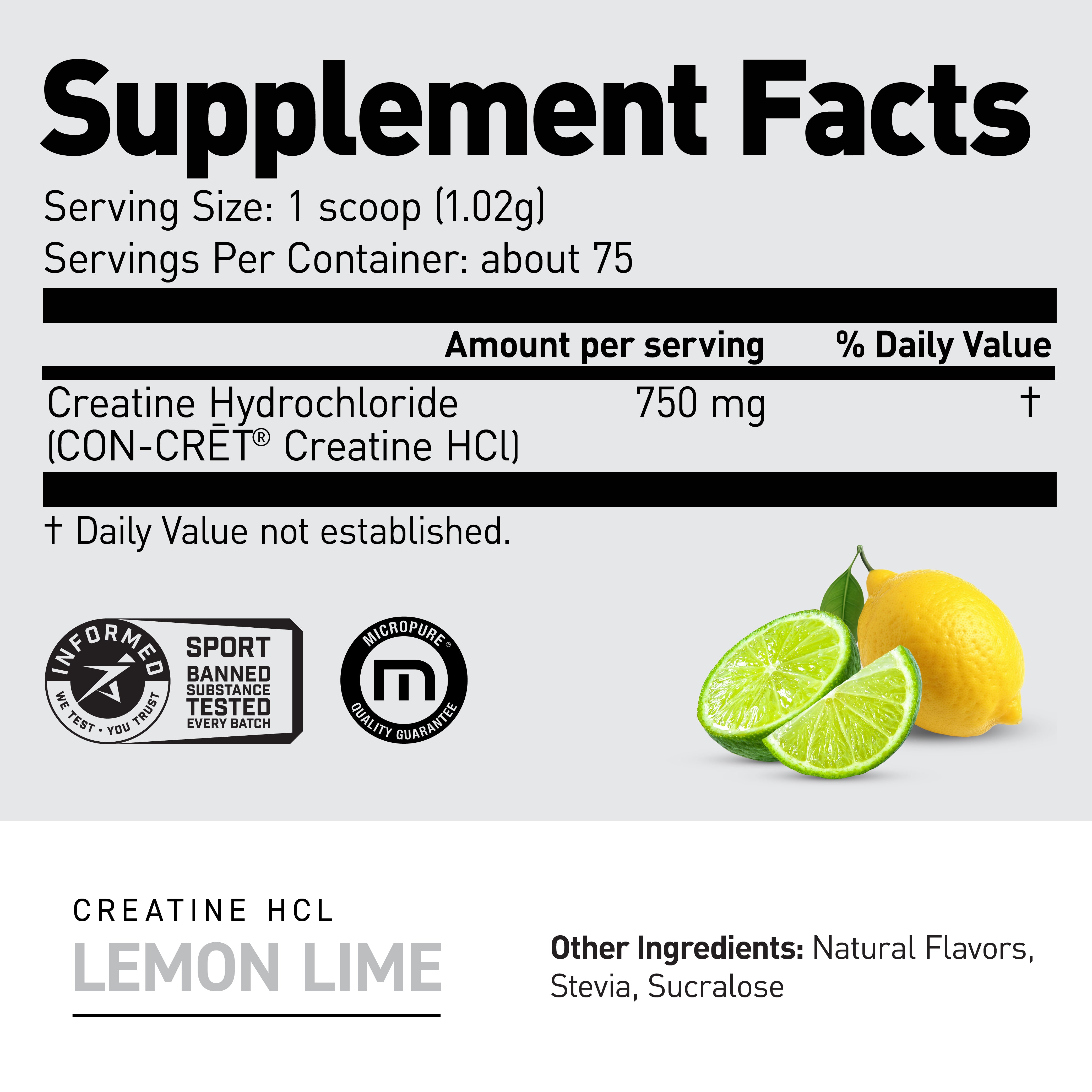 Supplement Facts label showing serving size 1 scoop (1.02 g), about 75 servings, 750 mg creatine HCl per serving, lemon lime flavor and quality certification badges #flavor_lemon lime