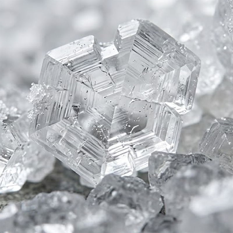 Close-up of Creatine HCl crystals showcasing clear, hexagonal crystalline structure on a soft gray background