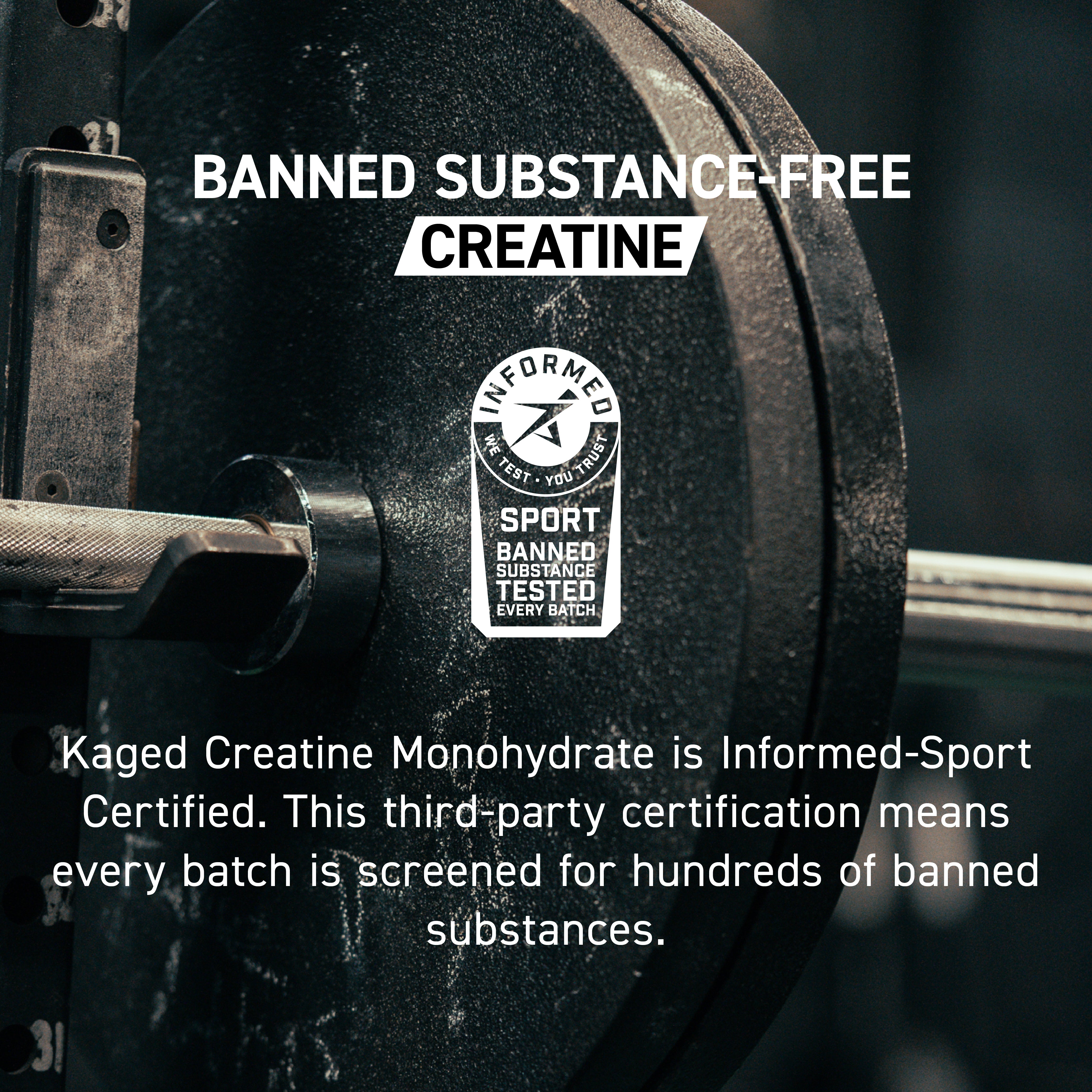 Banner reading "Banned substance-free CREATINE" with an Informed‑Sport certification badge over a close-up of a barbell plate