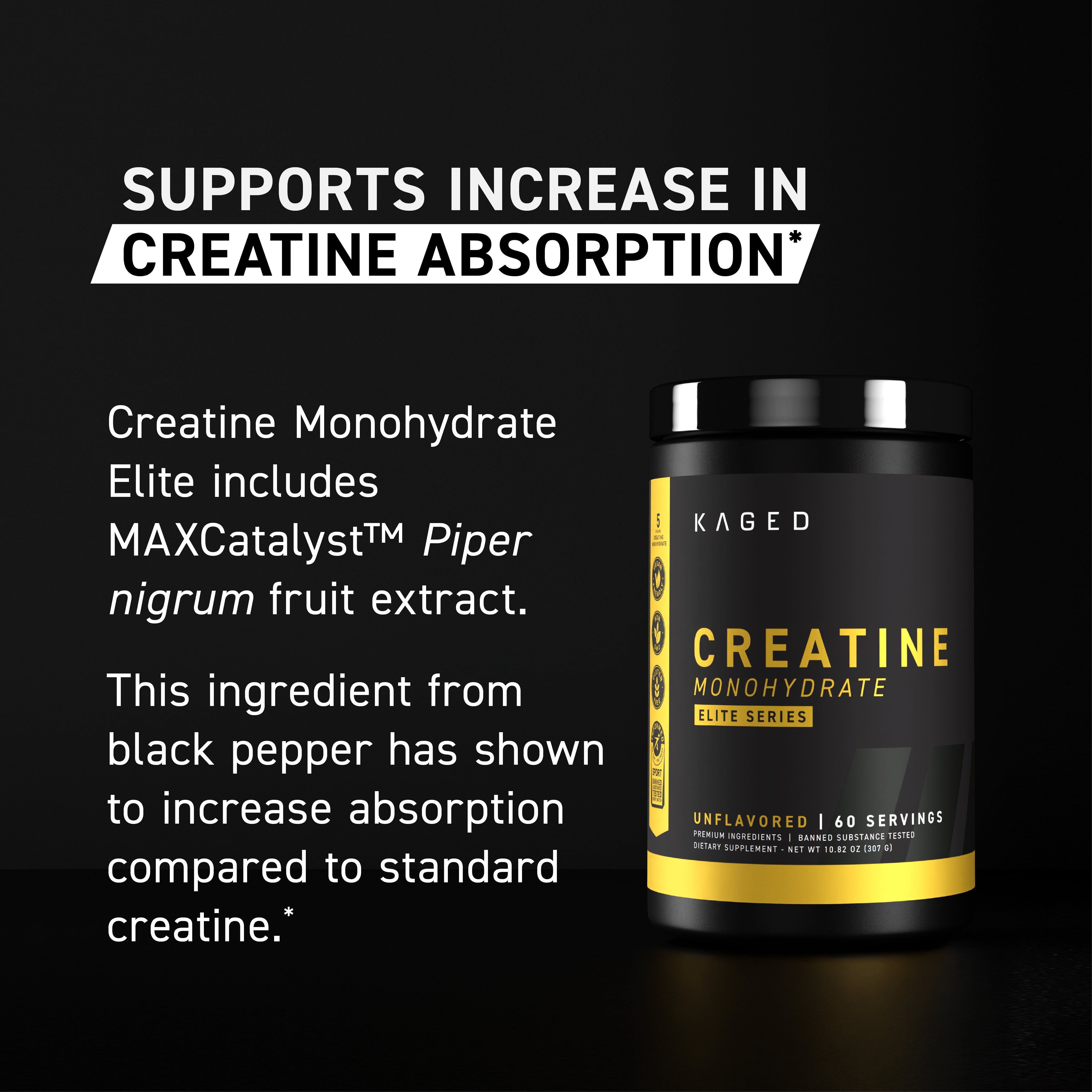 Right-side view of Creatine Monohydrate Elite tub with headline Supports increase in creatine absorption on black background