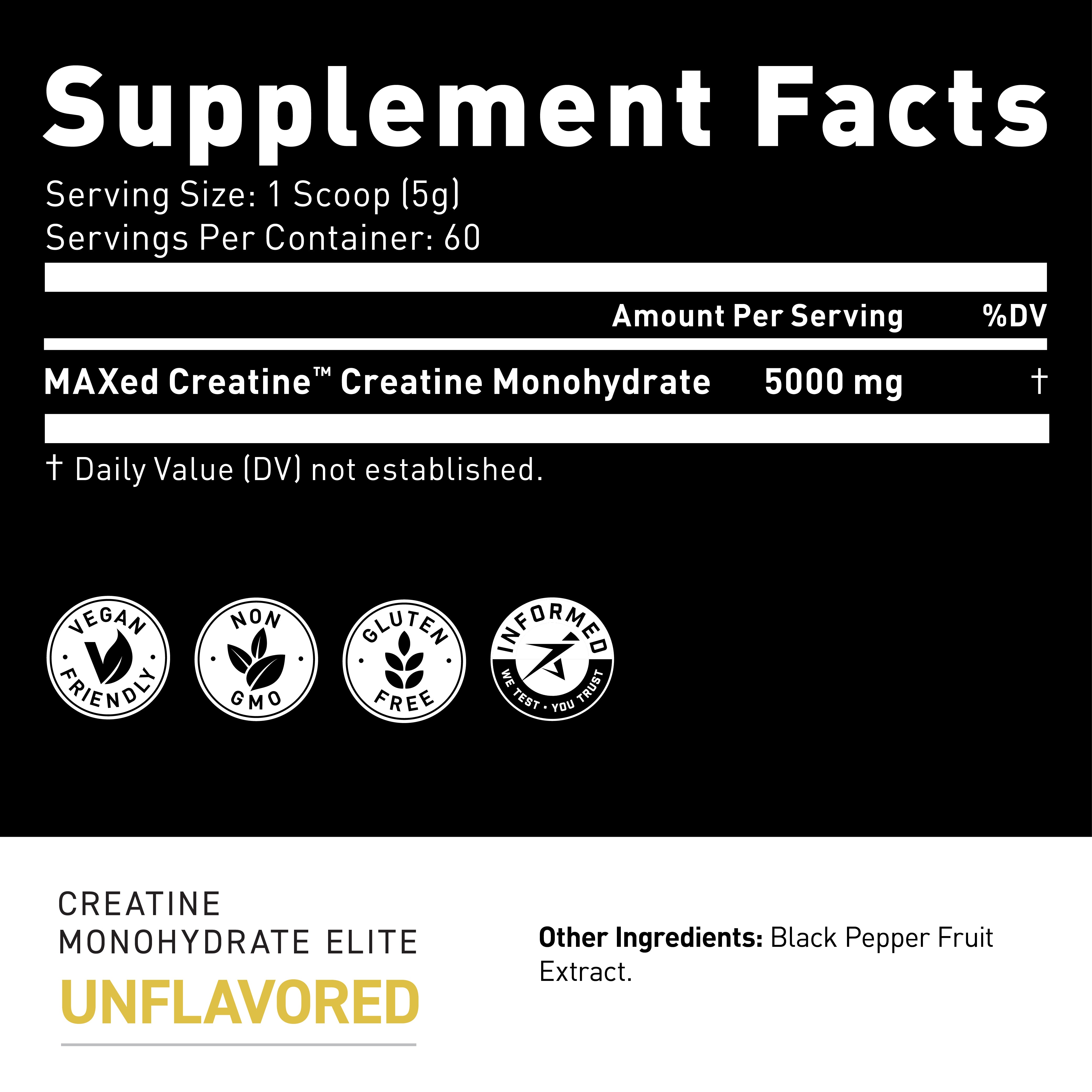 Supplement Facts panel showing serving size 1 scoop (5 g), 60 servings, creatine monohydrate 5000 mg per serving and certification icons