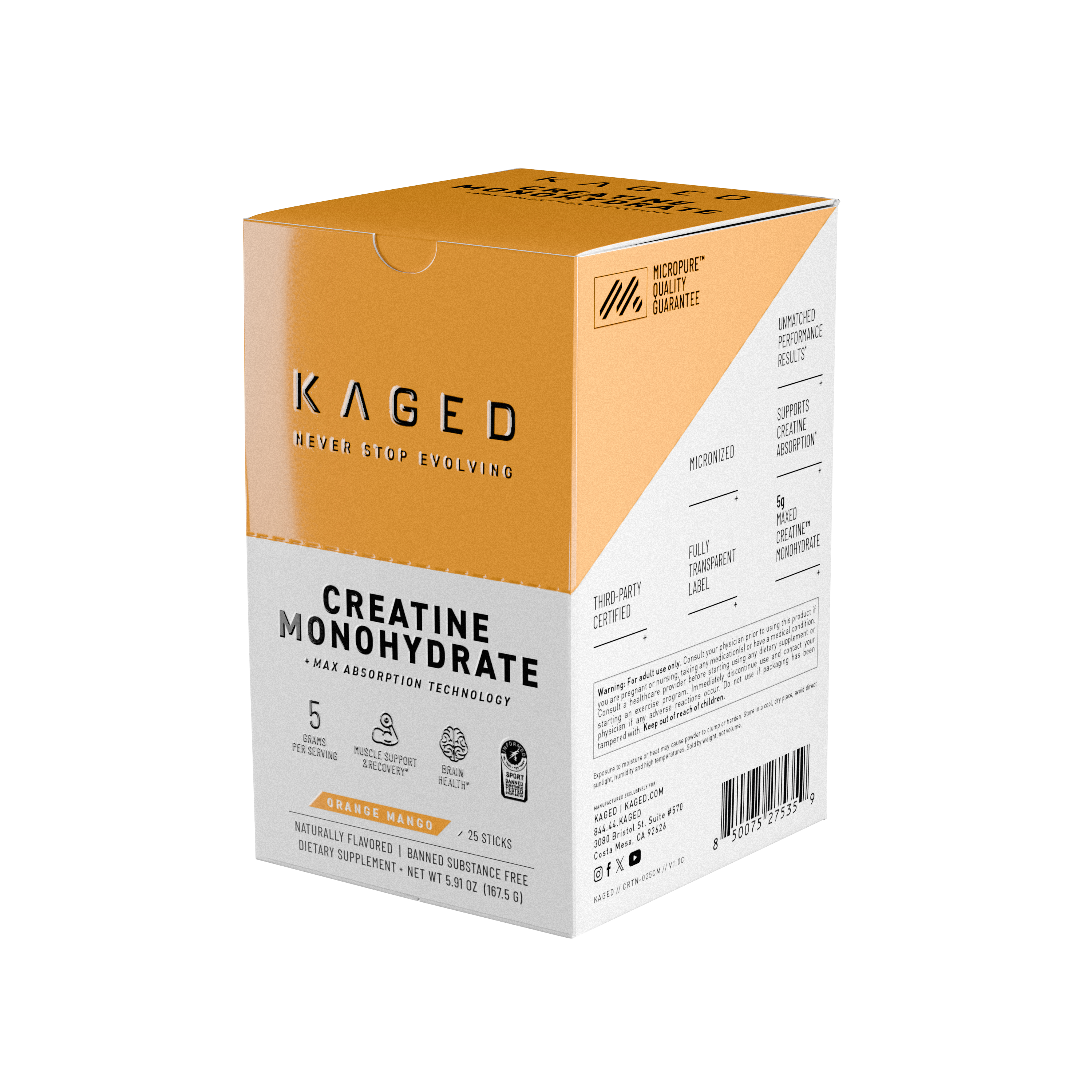 Angled view of Creatine Monohydrate 25-count stick box in orange mango flavor showing KAGED logo and supplement label on black background #flavor_orange mango