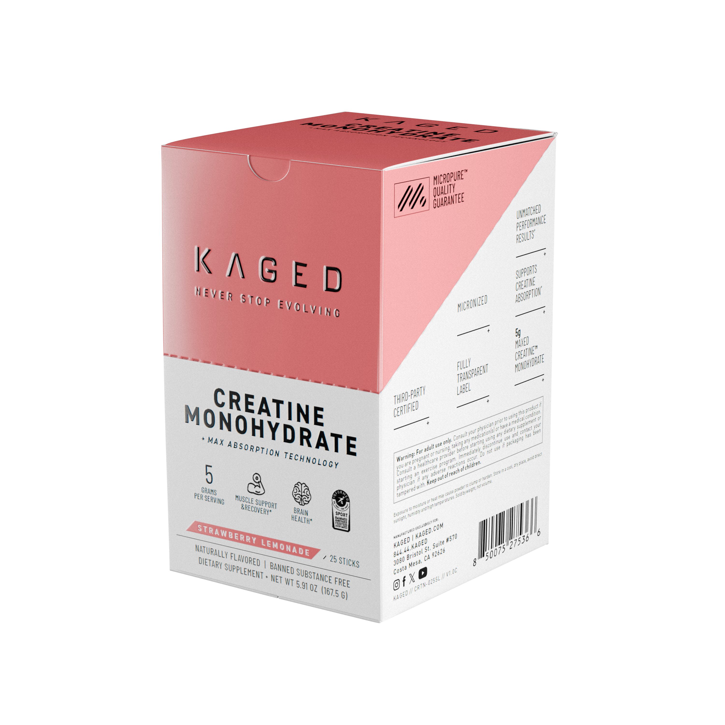 Angled view of Creatine Monohydrate 25-ct stick box, Strawberry Lemonade, showing KAGED logo on pink-and-white packaging #flavor_strawberry lemonade