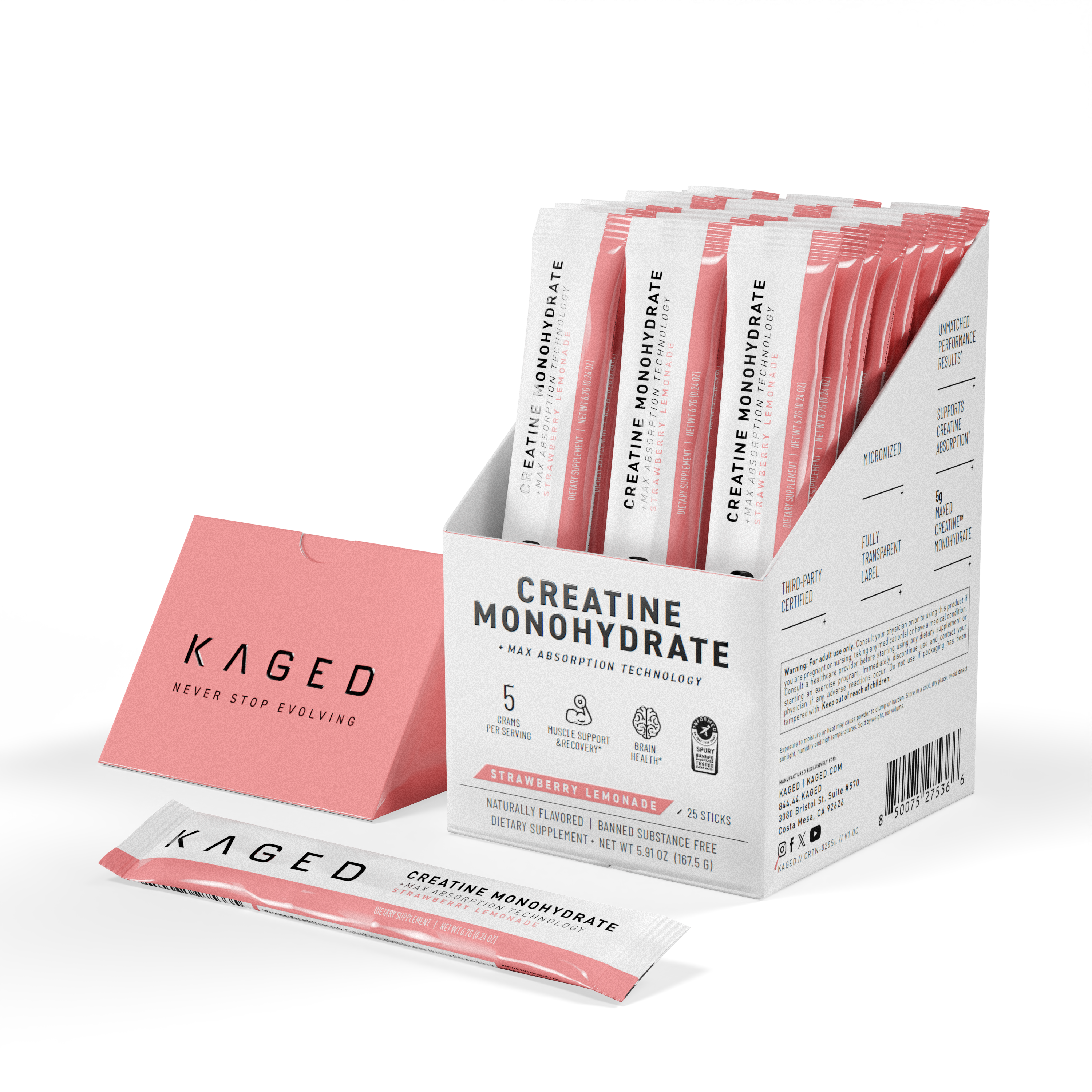Three-quarter view of Creatine Monohydrate 25ct stick box showcasing rows of strawberry lemonade single-serve stick packets on a black background #flavor_strawberry lemonade