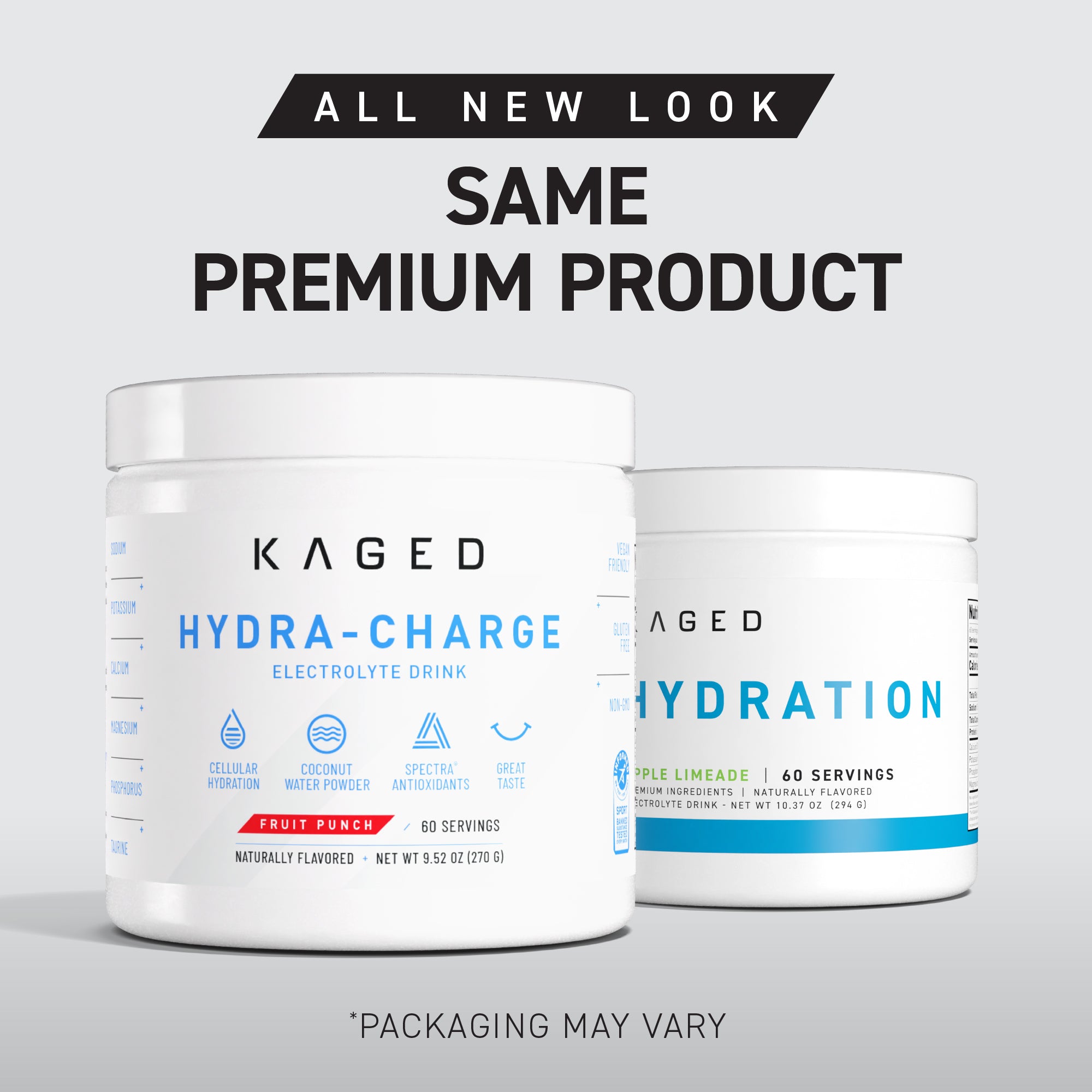 Front view of Hydra-Charge electrolyte drink mix tubs in new and previous packaging with All New Look Same Premium Product text