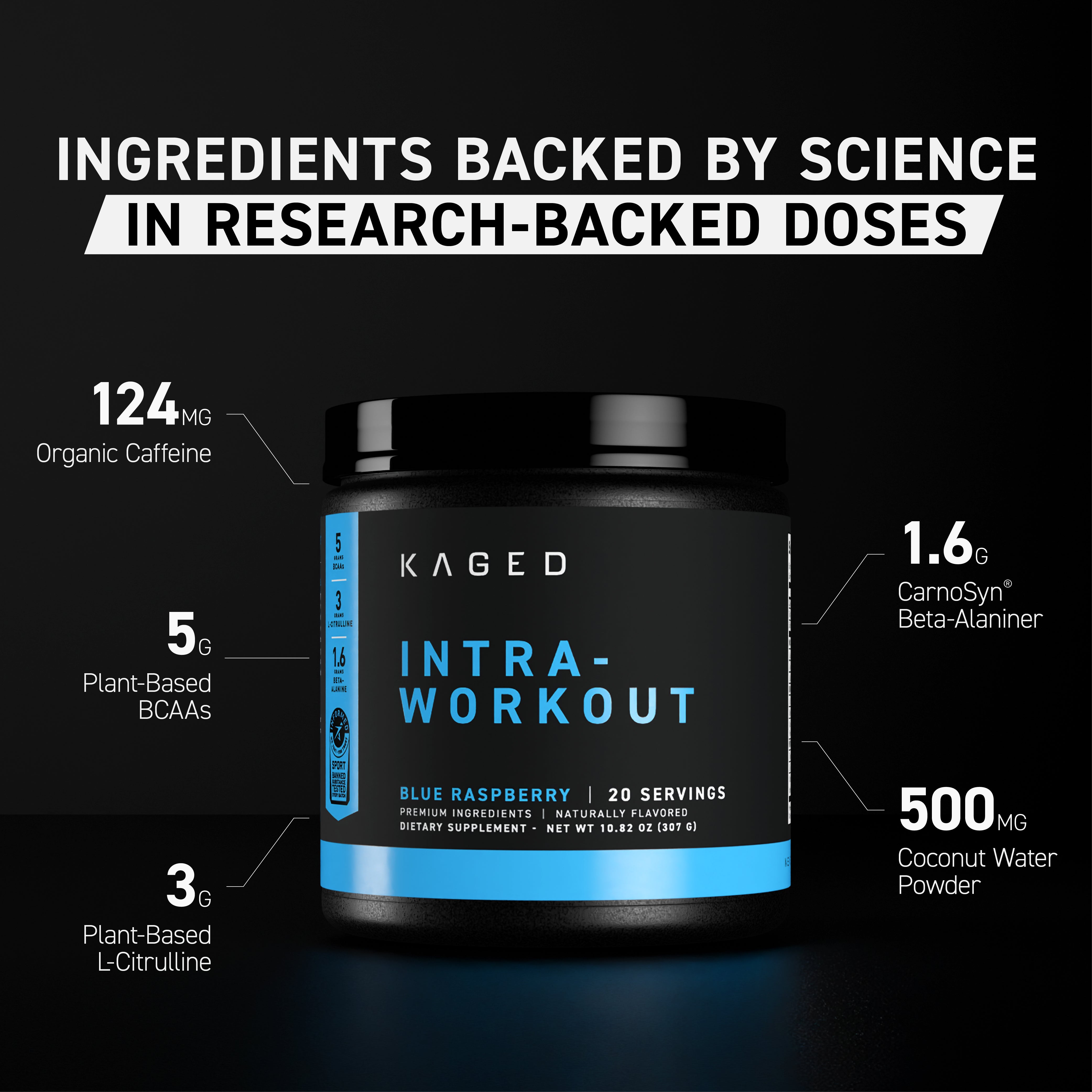 Front view of Intra-Workout tub with headline 'Ingredients backed by science in research-backed doses' on black background