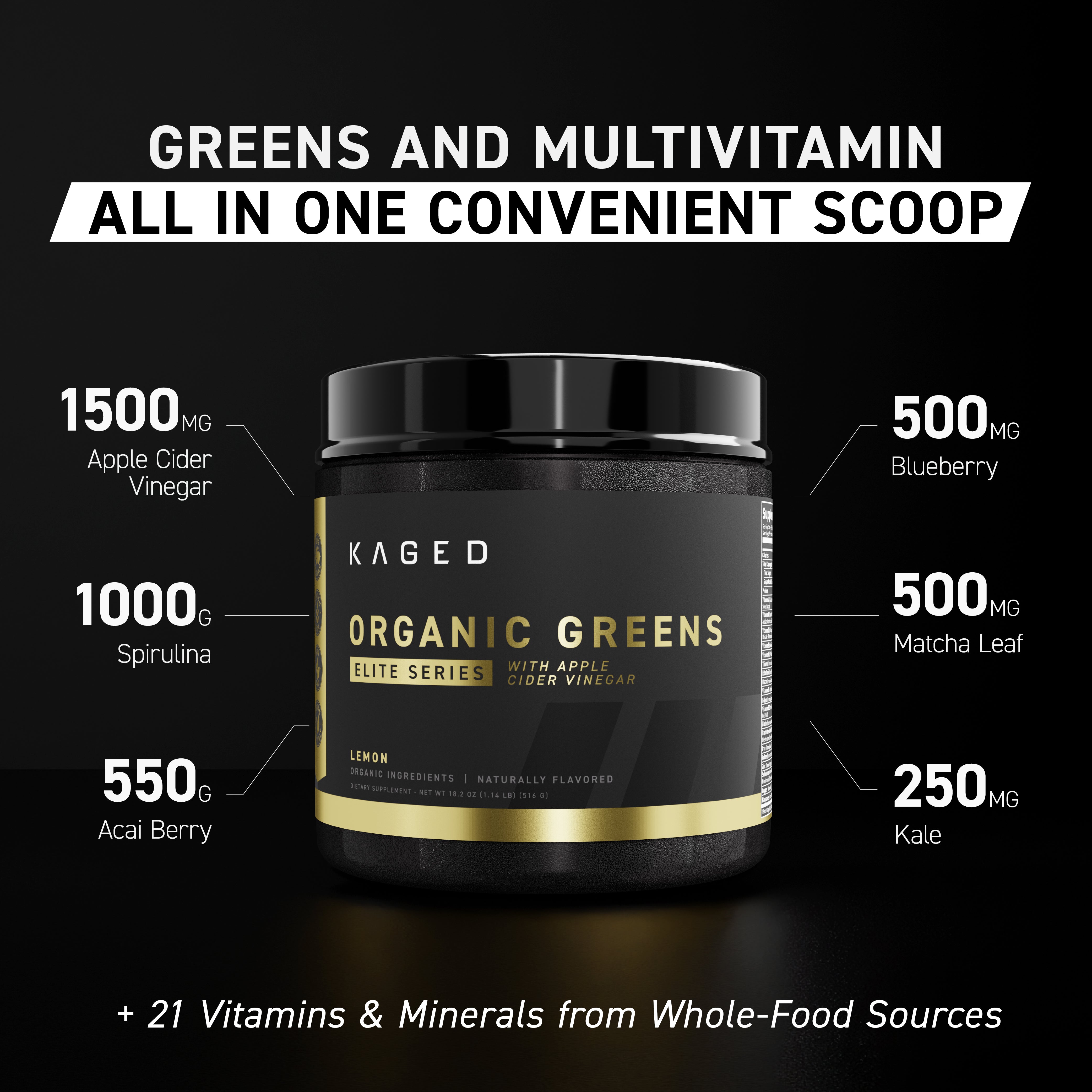 Infographic showing 'Greens and multivitamin all in one convenient scoop' with Organic Greens Elite jar and highlighted ingredient amounts
