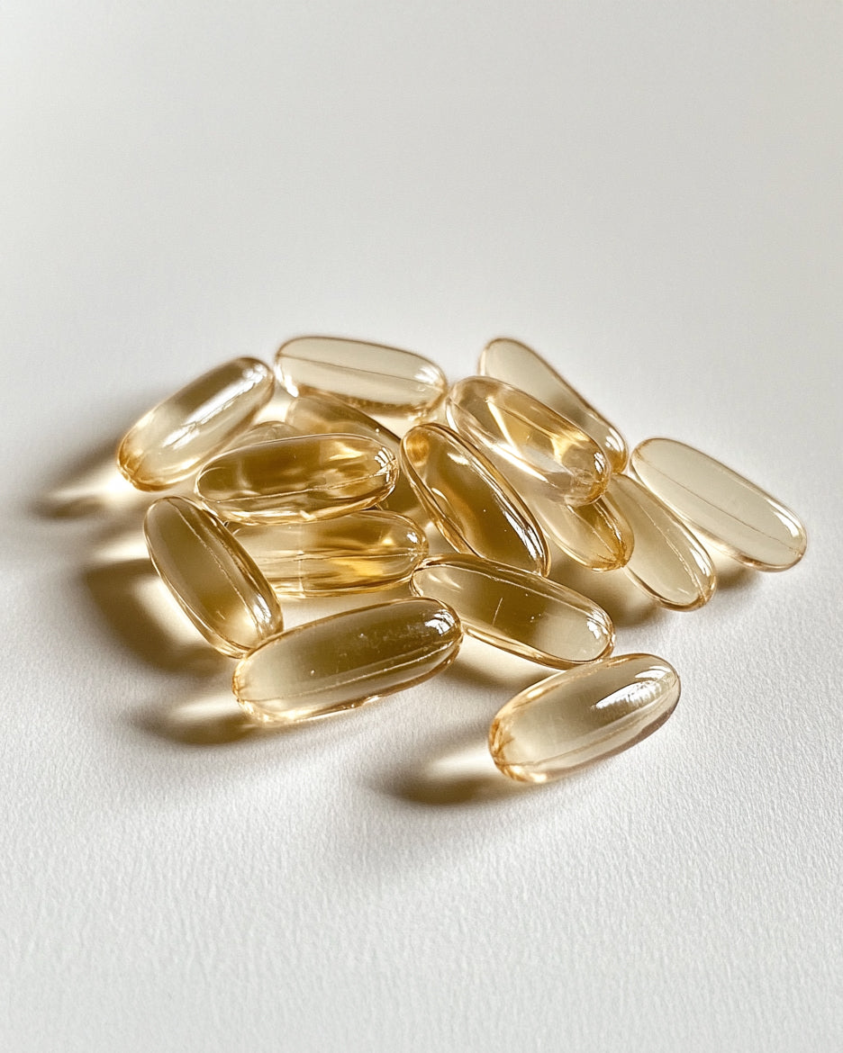 Close-up of Omega-3 softgel capsules showing translucent golden softgels on a white background