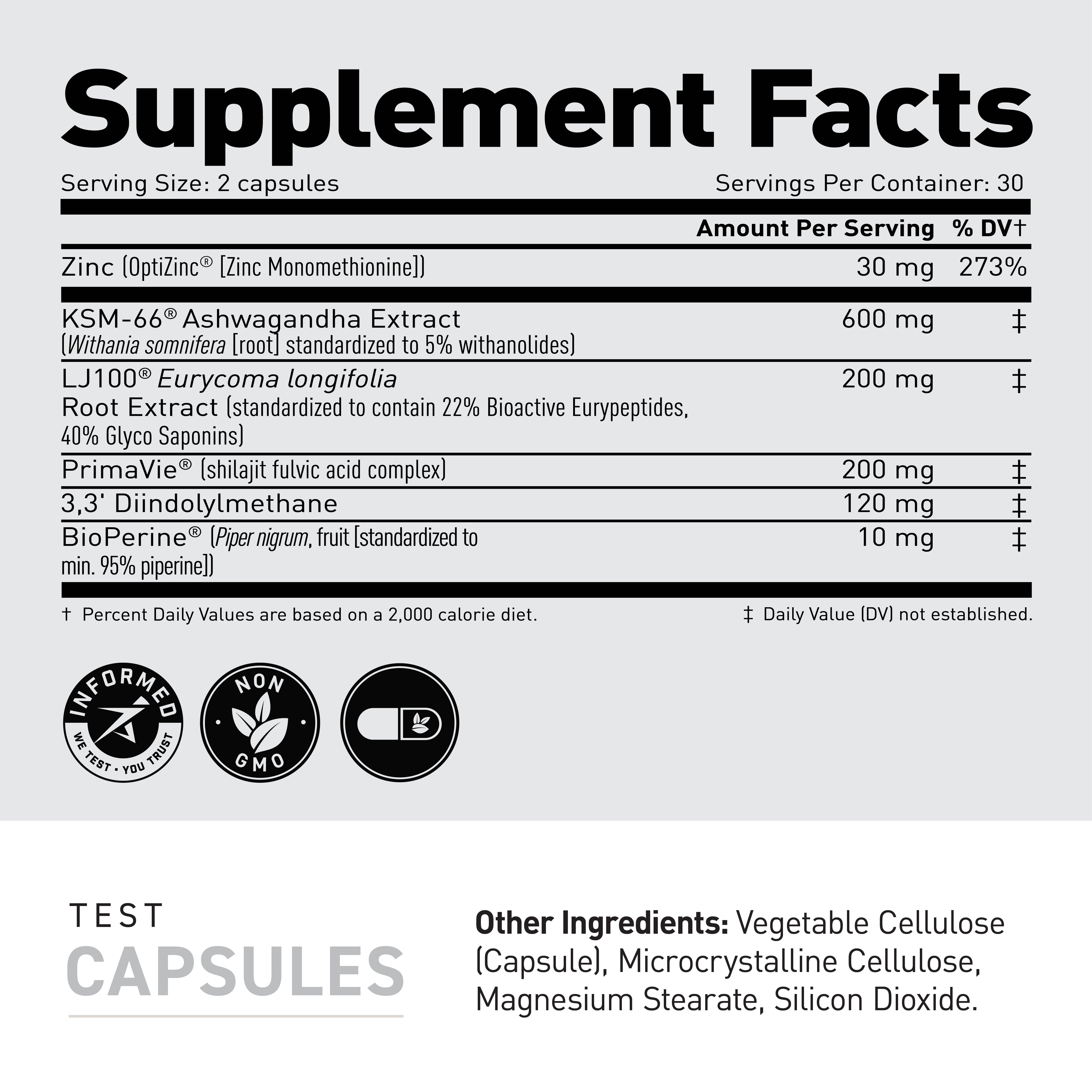 Supplement Facts label for Ferodrox showing serving size 2 capsules; key ingredients zinc 30 mg and KSM-66 ashwagandha 600 mg