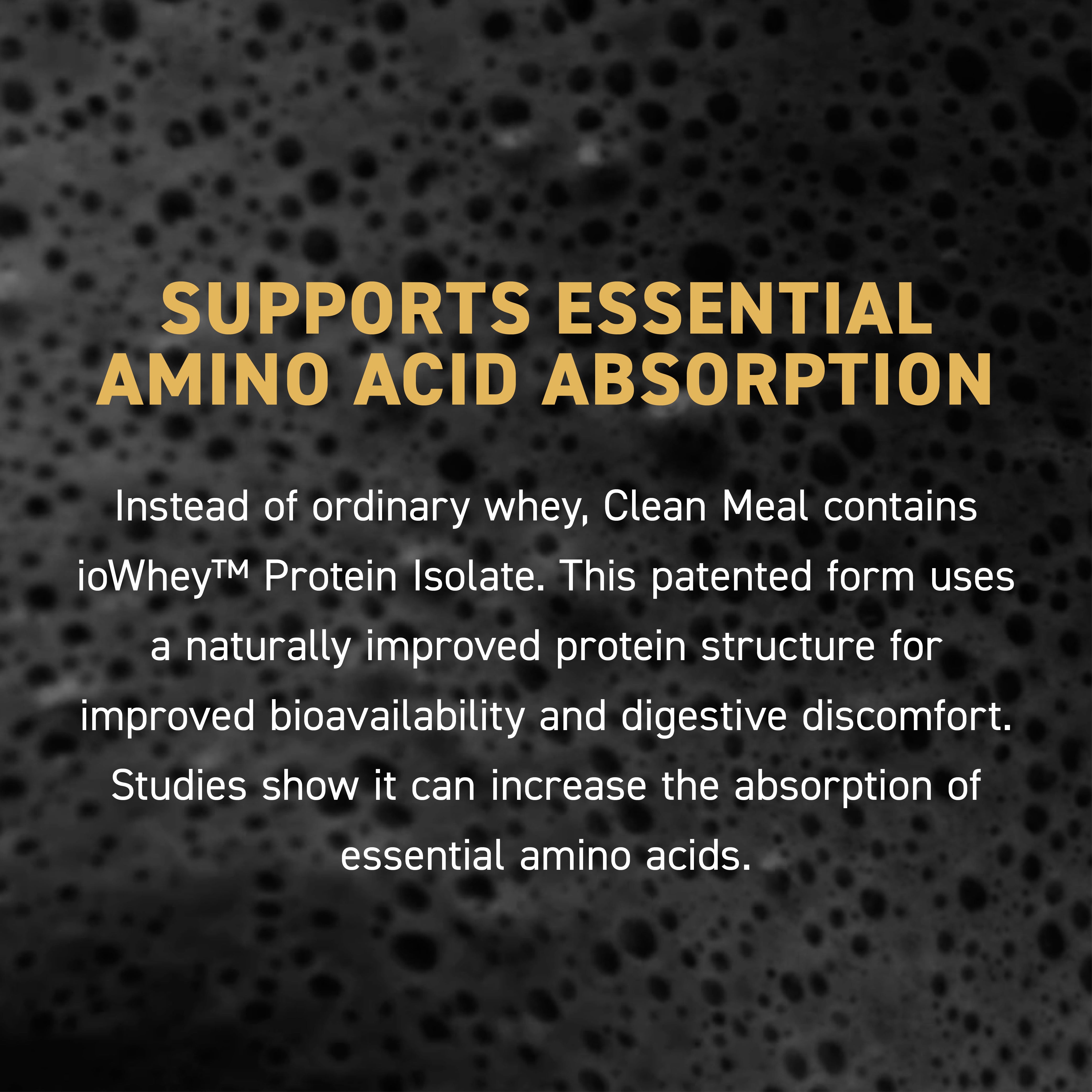 Text panel: 'Supports essential amino acid absorption' — Clean Meal contains ioWhey isolate to improve absorption and digestion