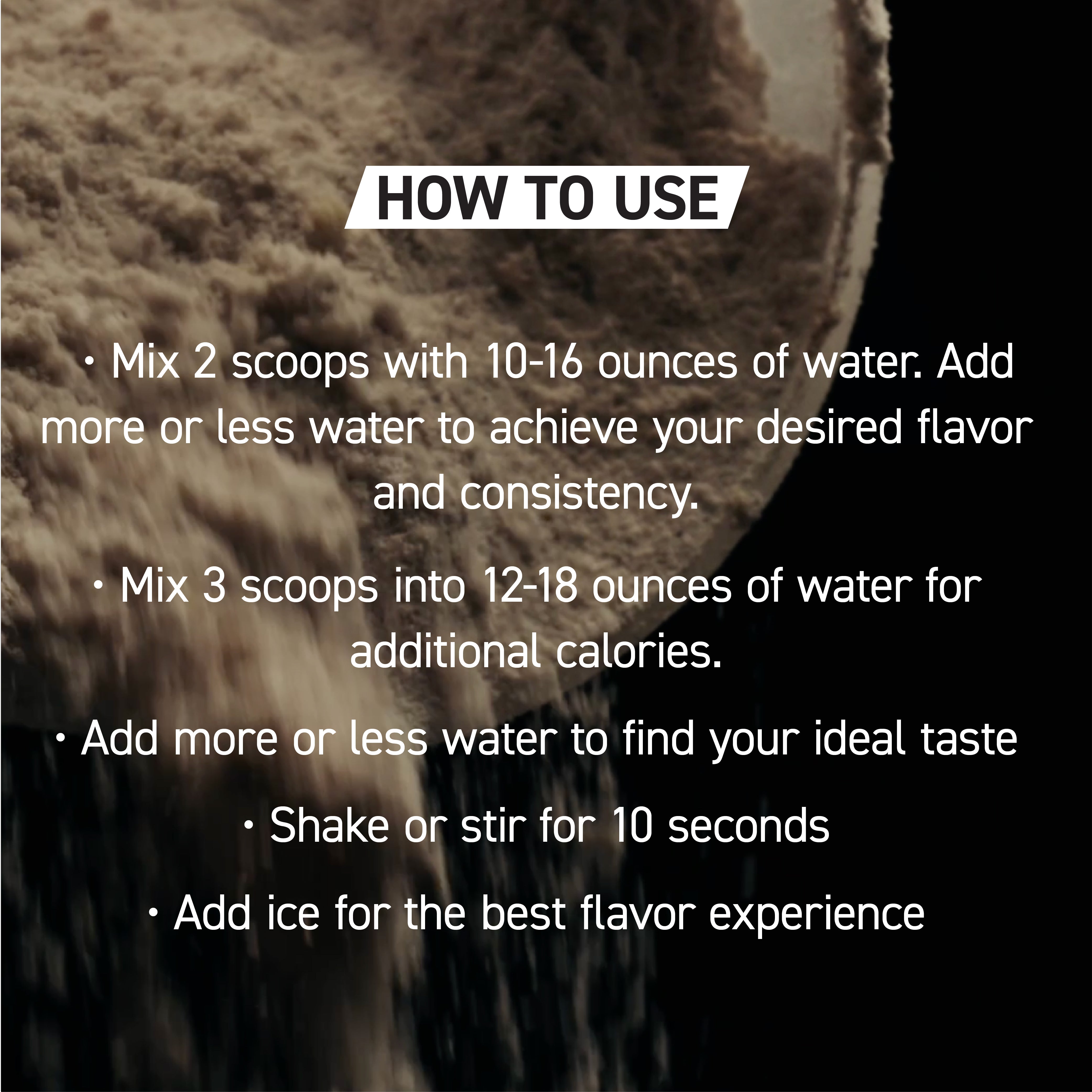 Instruction panel showing 'How to Use' mixing directions for Clean Meal — mix 2 scoops with 10–16 oz water, shake or stir 10 seconds