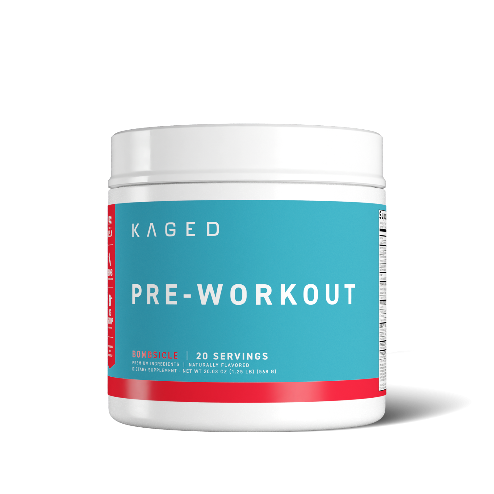 Front view of Pre-Kaged Pre-Workout tub Bombsicle flavor showcasing KAGED logo and PRE-WORKOUT teal label on white background #flavor_bombsicle