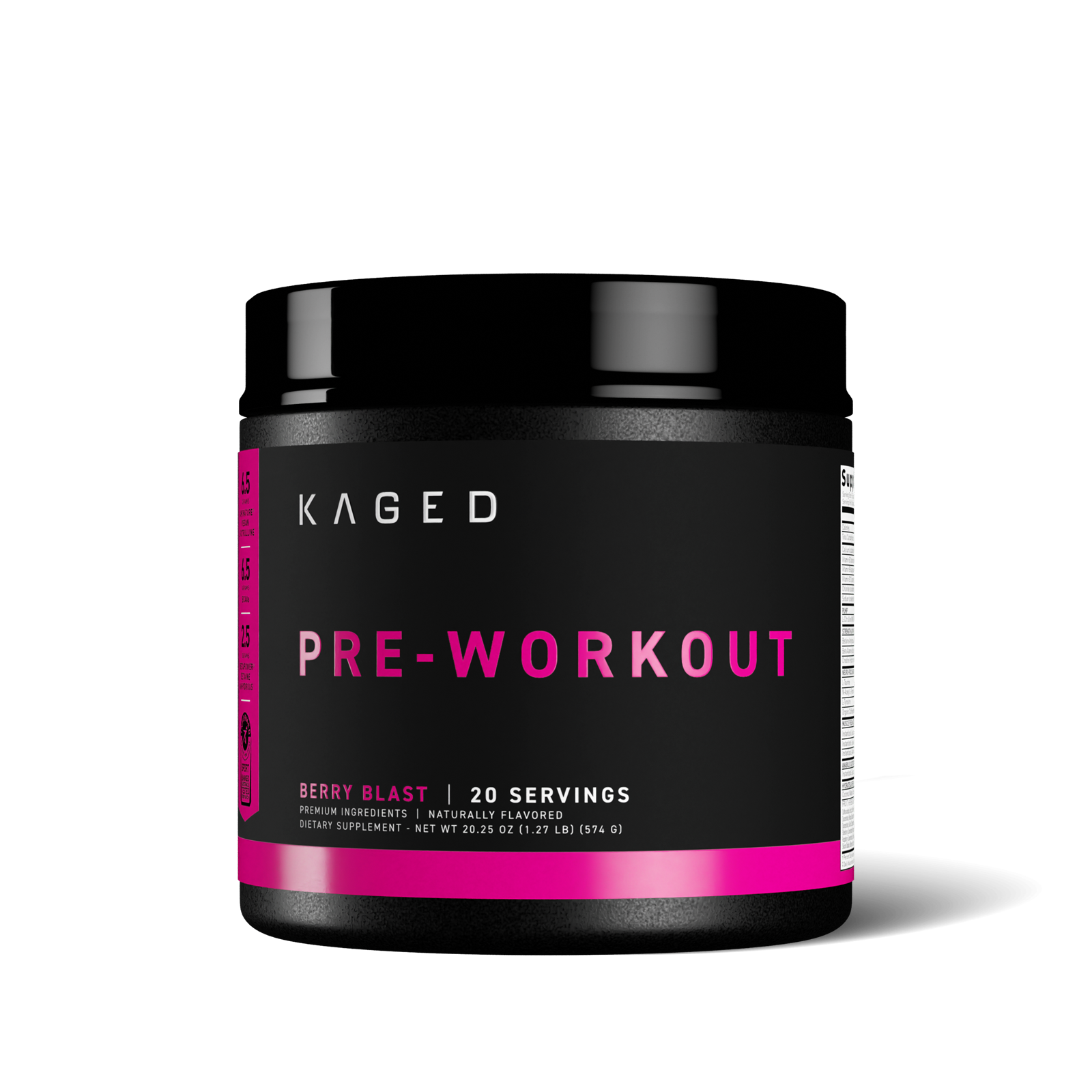 Front view of Pre-Kaged Pre-Workout tub showing PRE-WORKOUT label and Berry Blast flavor on white background #flavor_berry blast