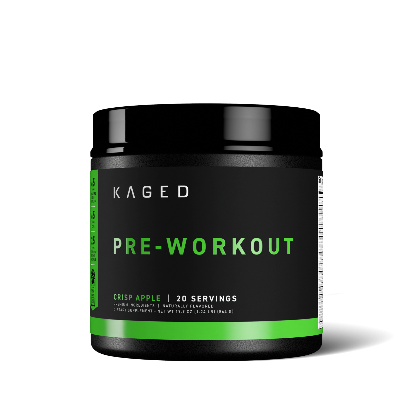 Close-up front view of Pre-Kaged Pre-Workout tub showing PRE-WORKOUT label and Crisp Apple flavor text on white background #flavor_crisp apple