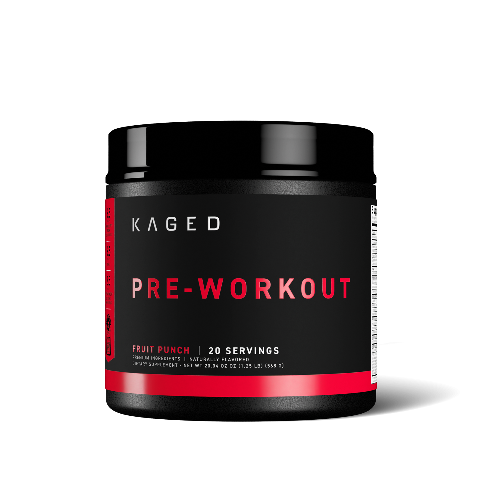 Front view of Pre-Kaged Pre-Workout tub showing large PRE-WORKOUT label and Fruit Punch flavor strip listing 20 servings on black background #flavor_fruit punch