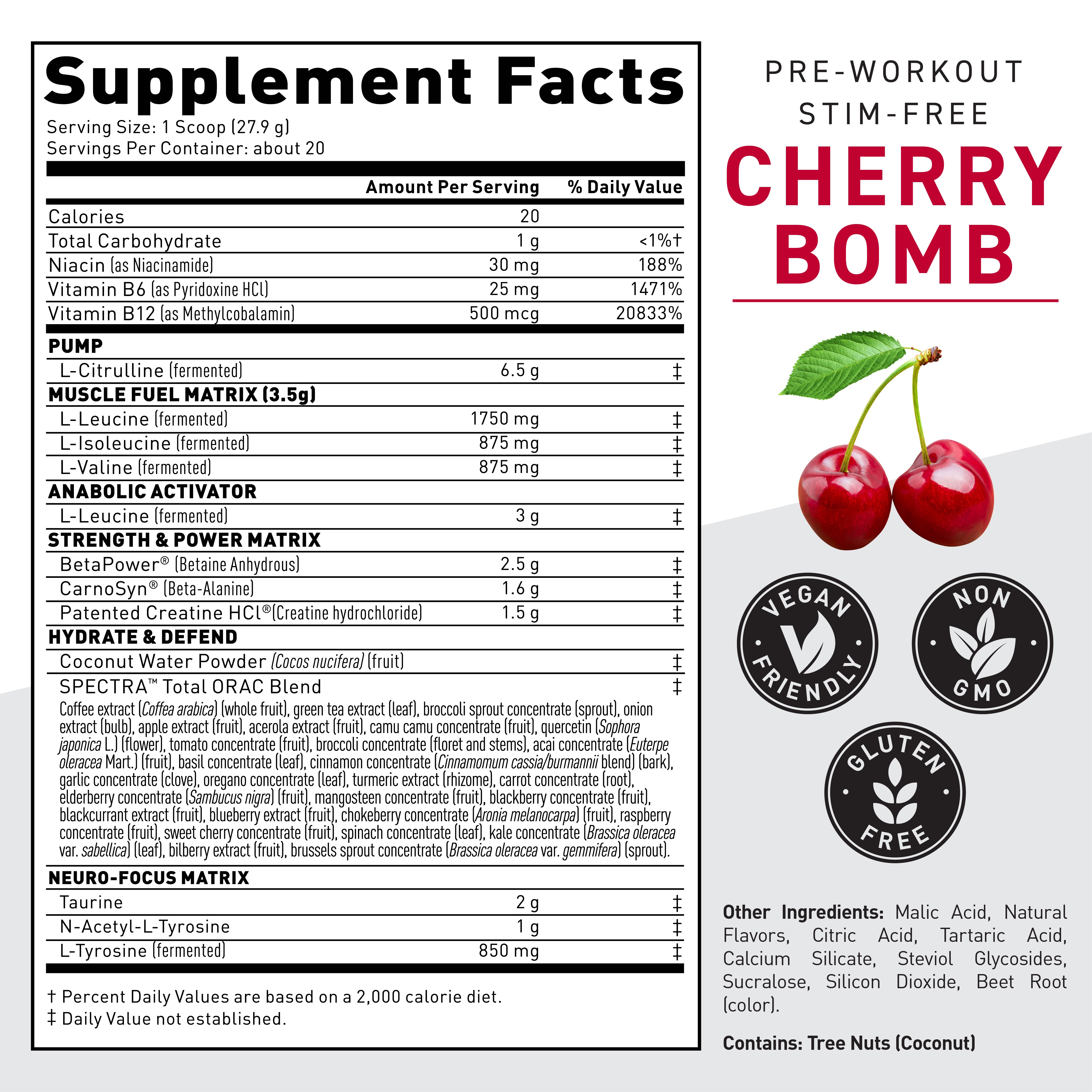 Front label of Pre-Kaged Stim-Free pre-workout showing large CHERRY BOMB flavor text, supplement facts panel, cherries, and certification icons #flavor_cherry bomb