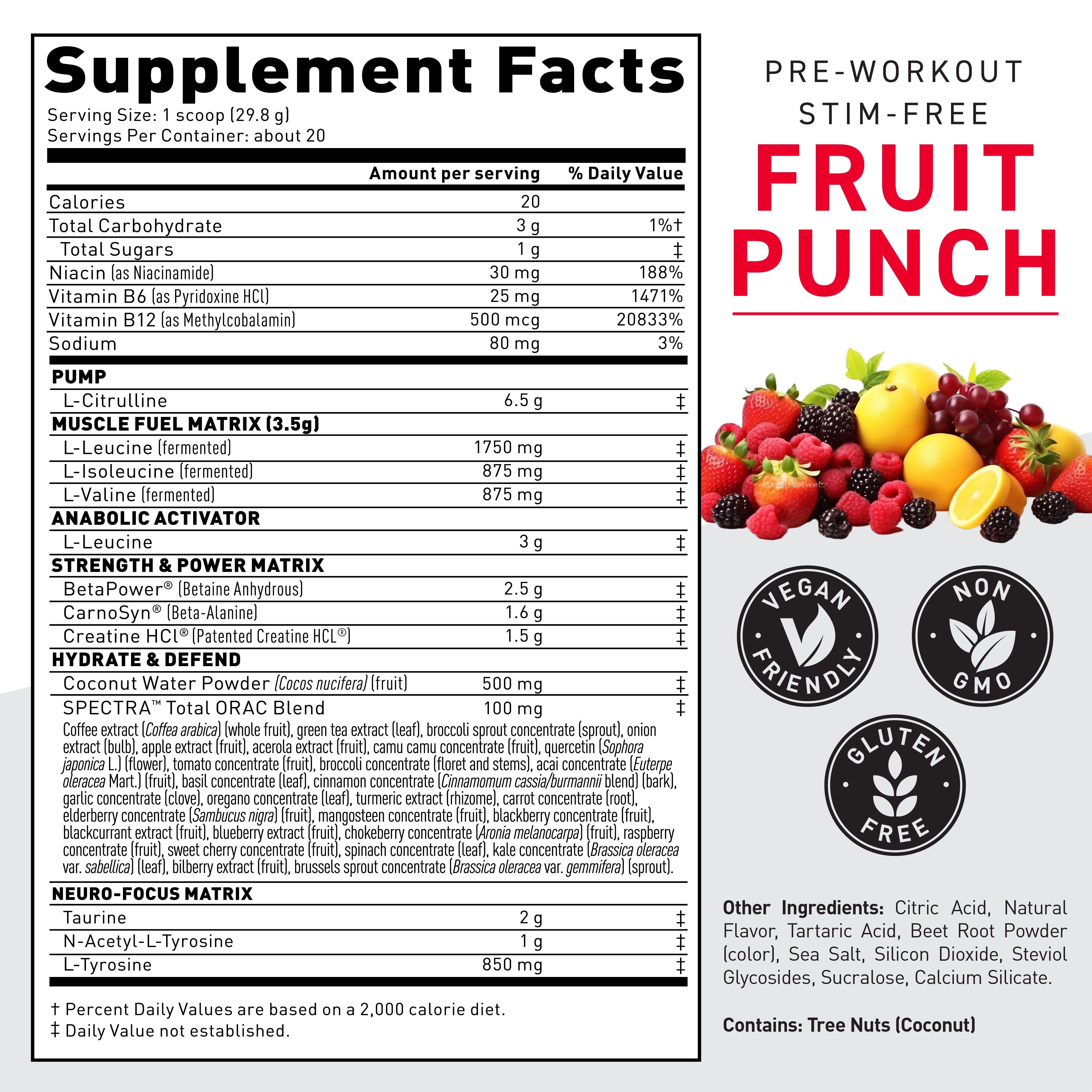 Pre-Workout Stim-Free label showing supplement facts, large 'FRUIT PUNCH' flavor text and vegan, non-GMO, gluten-free badges #flavor_fruit punch