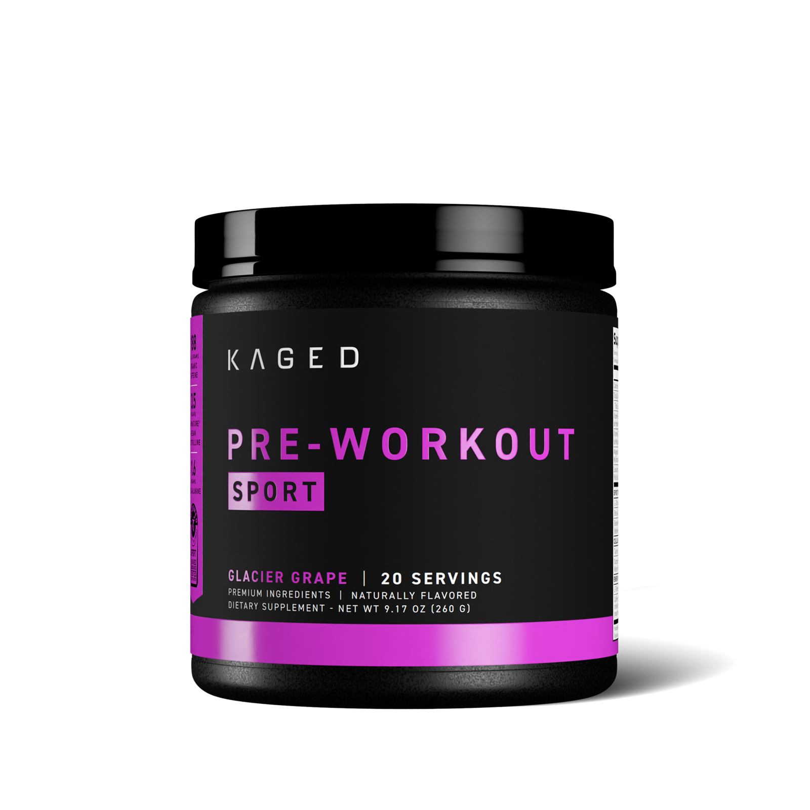 Close-up front view of Pre-Workout Sport container showing Glacier Grape flavor label, "20 servings", and pink Pre-Workout branding on black background #flavor_glacier grape