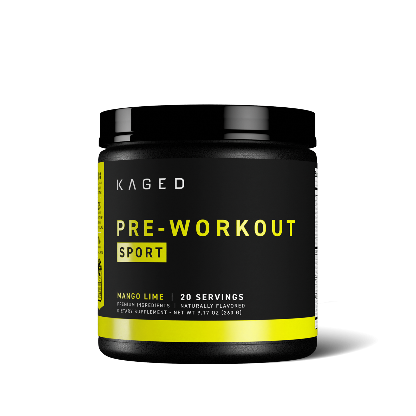 Close-up front view of Pre-Workout Sport tub showing black label with yellow PRE-WORKOUT SPORT text and Mango Lime flavor on white background #flavor_mango lime